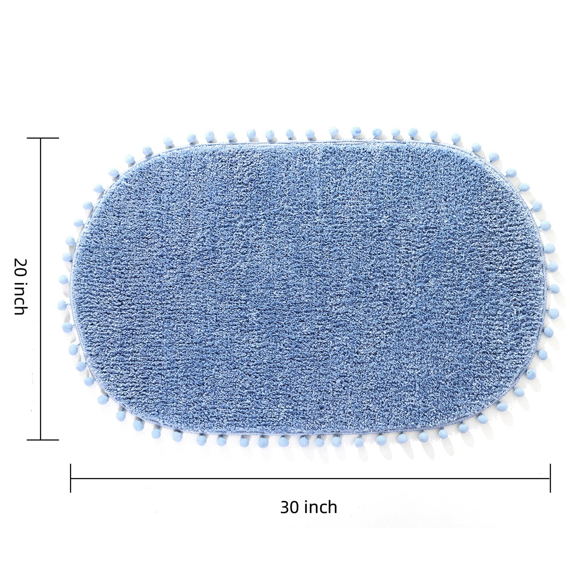 Yirddeo Blue Pom Bath Rug For Bathroom Non Slip, Cute Boho Pom Oval Absorbent Shower Mat, Plush Soft Washable Rug (20X30 Inches)