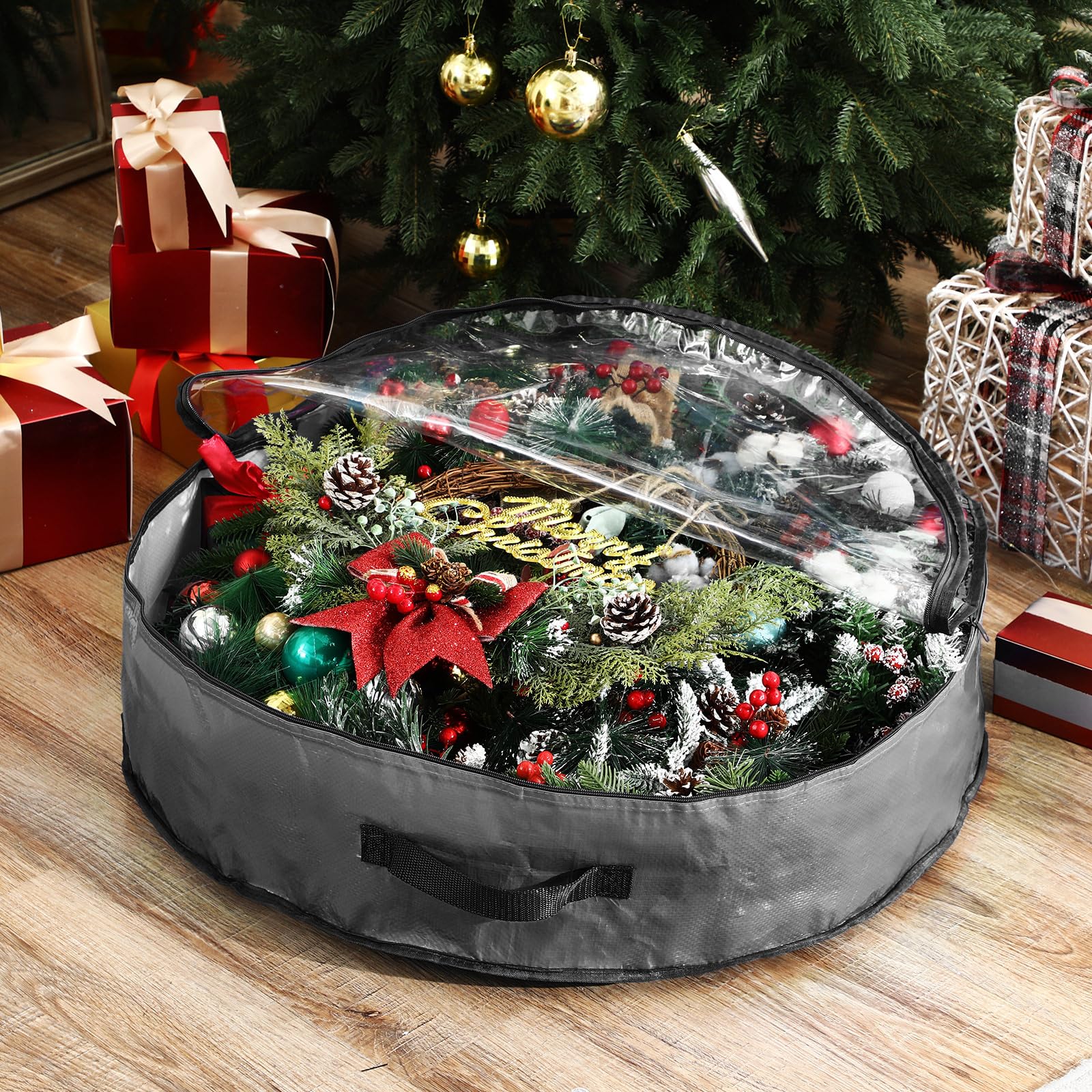 Aliceset 4 Pack Wreath Storage Containers, Christmas Garland Storage Bags With Window And Handles, Durable Christmas Decoration