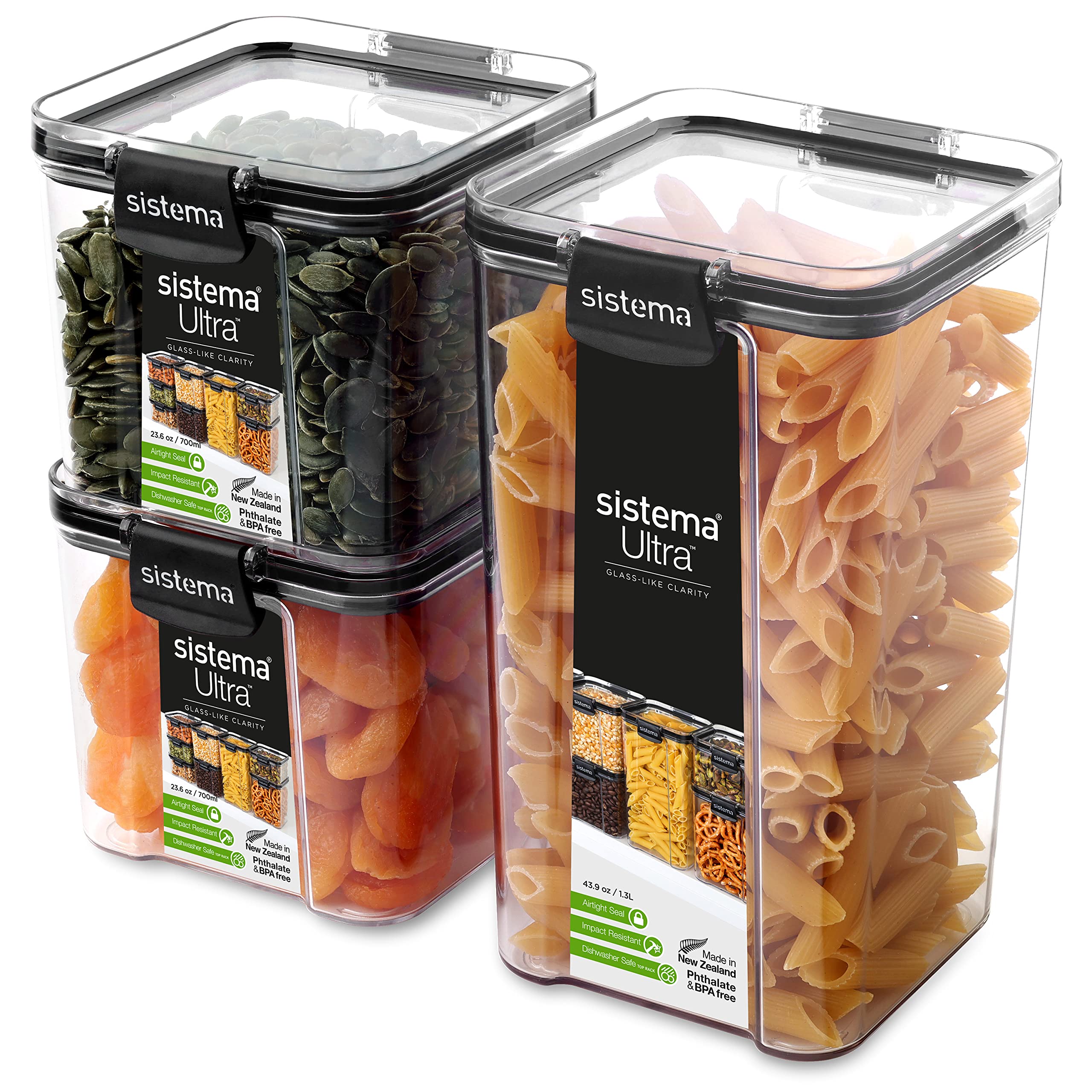 Sistema Food Storage Containers With Airtight Lids, For Kitchen Or Pantry Organization, 3 Pack, Stackable, Clear