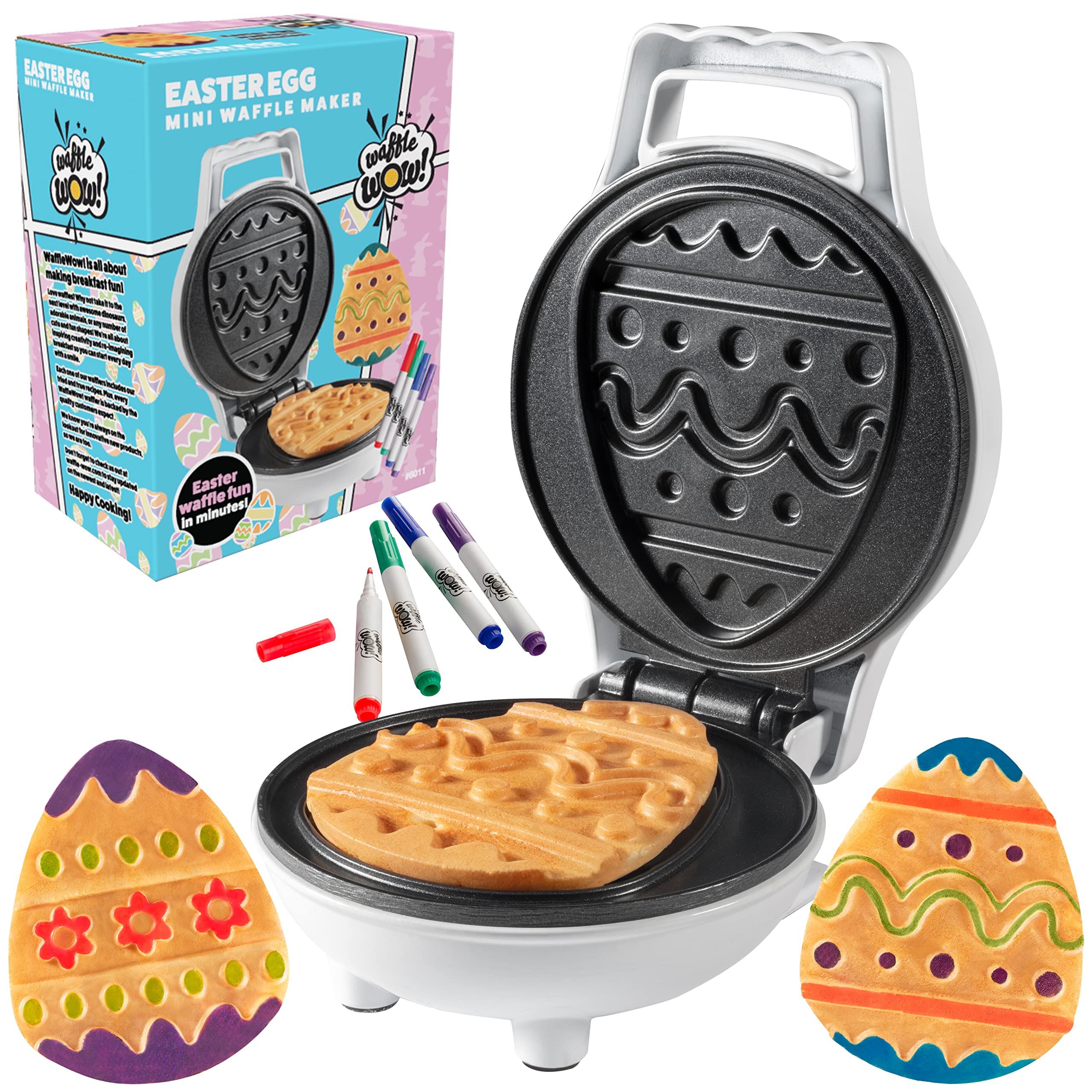 Mini Easter Egg Waffle Maker- Make Holiday Special W Cute Waffler Iron- Ready To Decorate Set Includes 4 Edible Food Markers W R