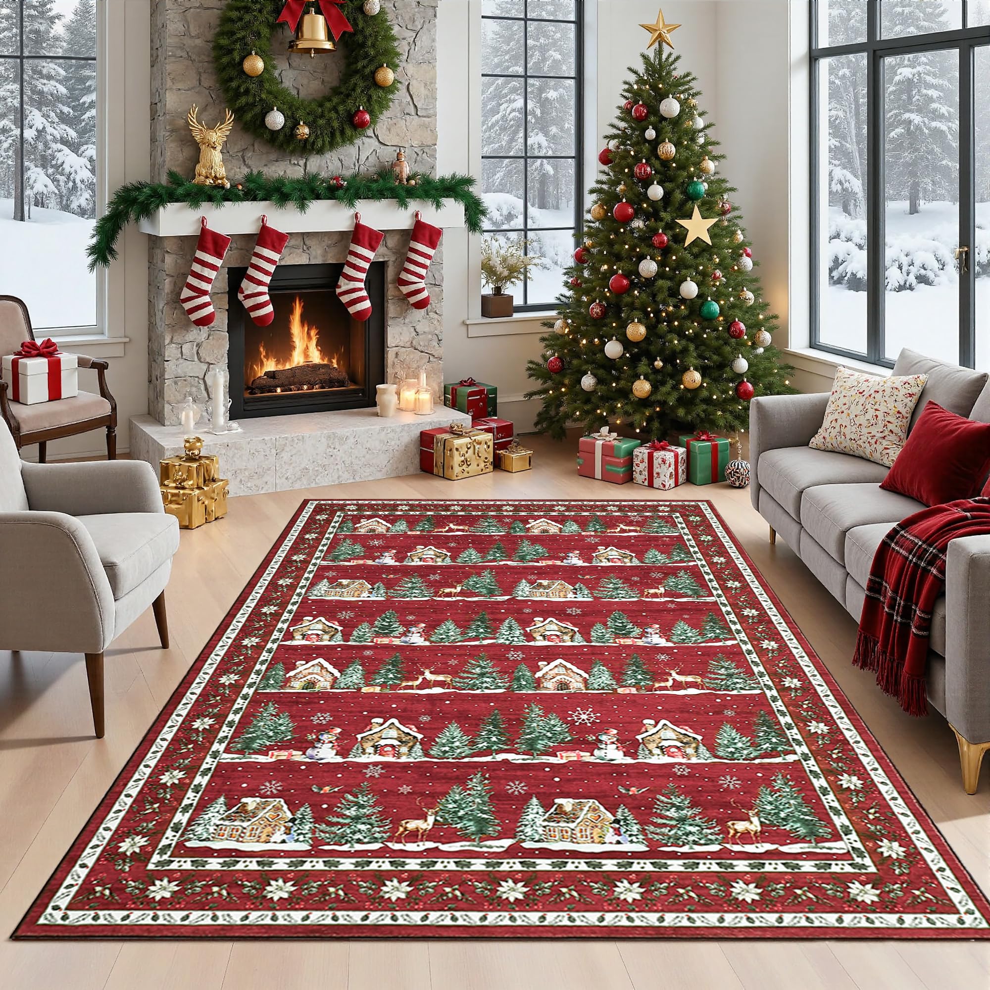 GarveeHome Christmas 4x6 Rugs for Living Room Machine Washable Area Rugs Stain Resistant Non Slip Backing Low Pile Christmas Tre