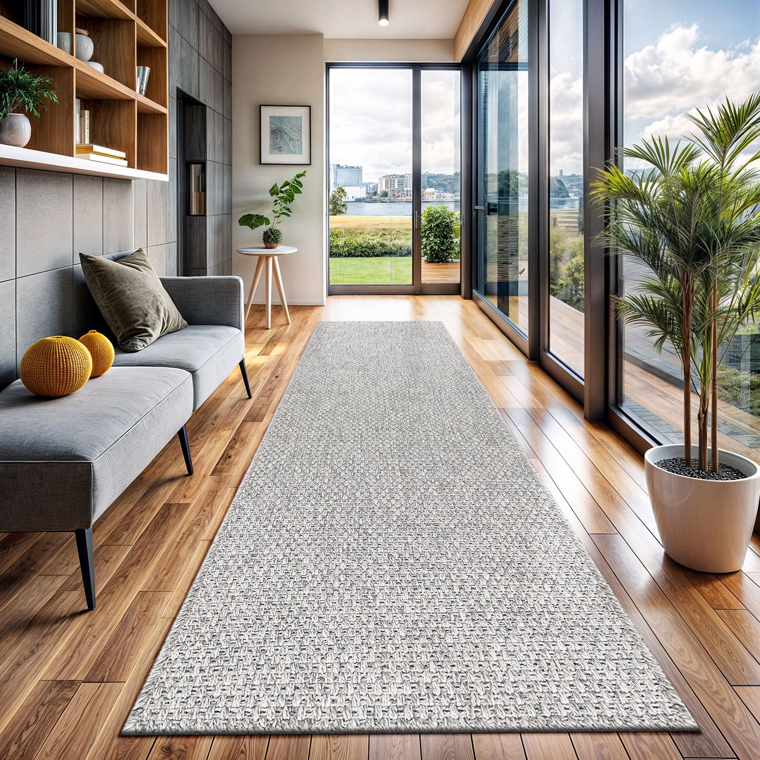 CAMILSON Indoor and Outdoor Runner Rug Gray Solid Boho Woven Design Easy-Cleaning Non Shedding Farmhouse Living Room Bedroom Gar