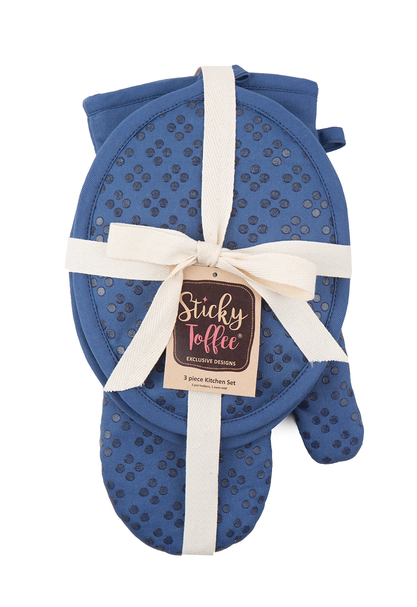 Oven Mitt And Pot Holders Silicone Set Of 3, Non-Slip Kitchen Hot Pads And Oven Mitts Set, Oeko-Tex 100% Cotton Shell, Dark Blue