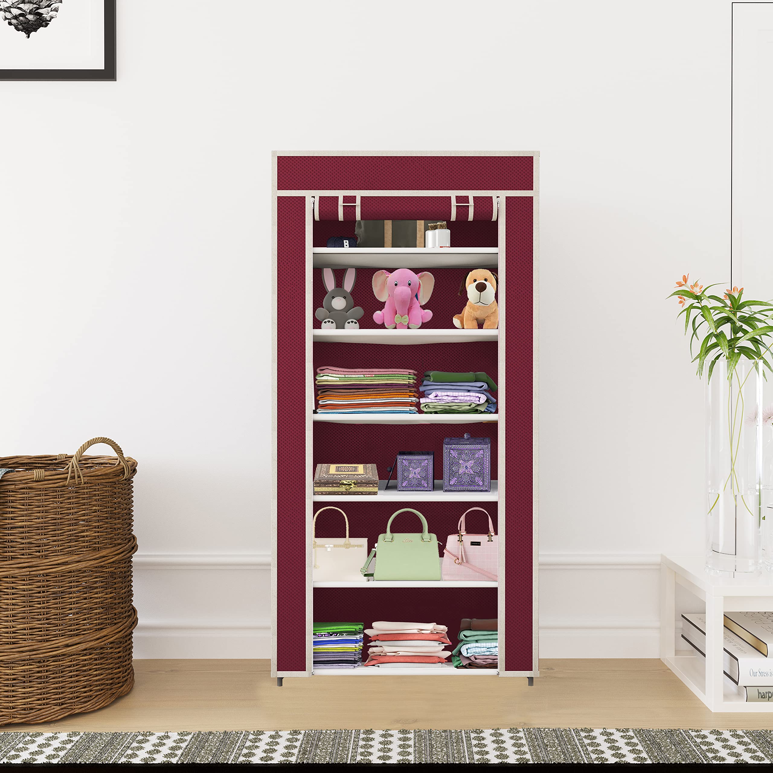 Gtc 6 Layer Collapsible Wardrobe Portable Foldable Closet For Clothes Almira 6 Shelves, 1 Side Pocket NonWoven Fabric (Maroon)