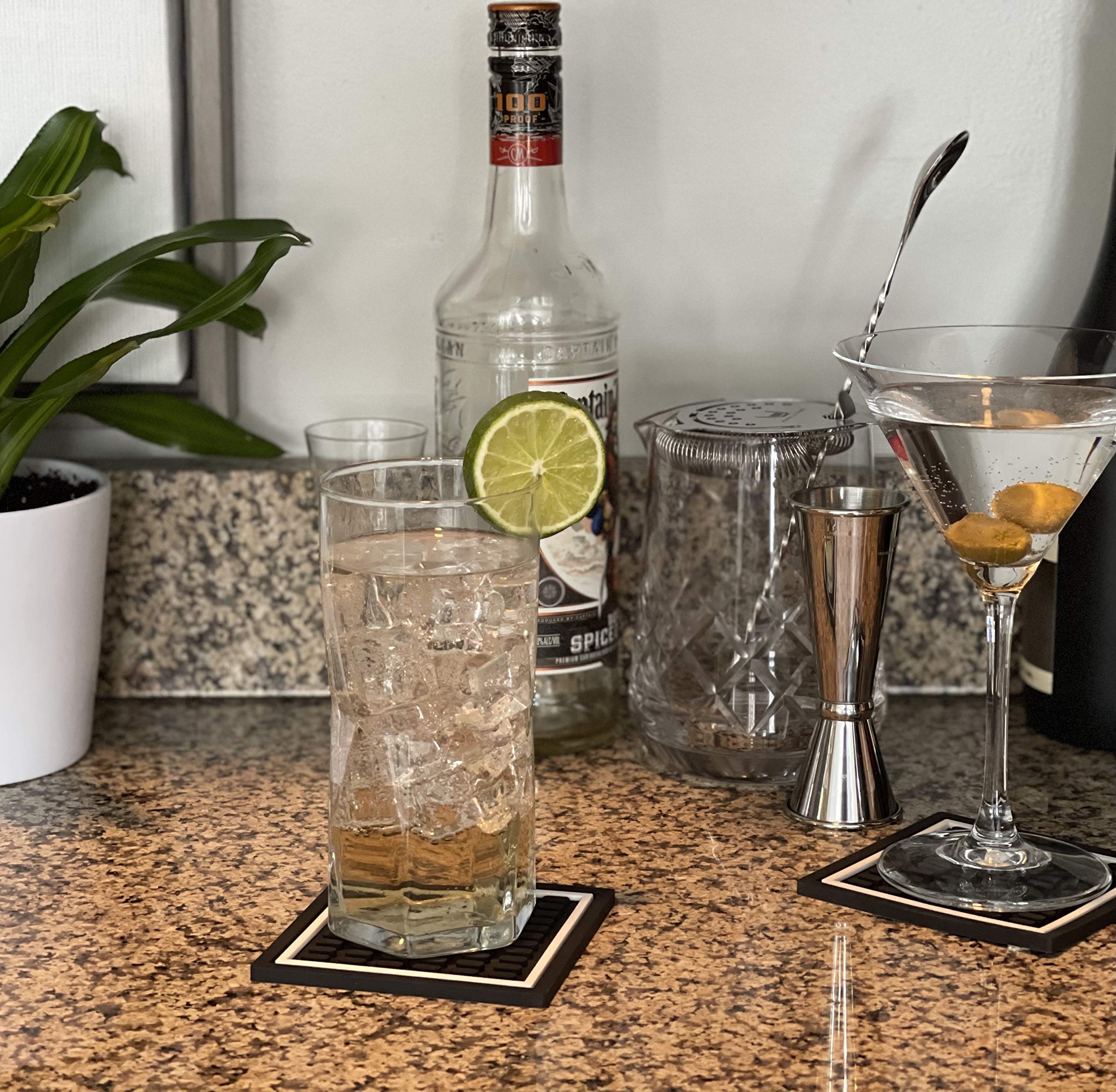 Highball & Chaser Bar Mat Coasters | 6 Piece Coaster Set | Square Absorbent Coasters For Drinks | Stylish Design Great For Home