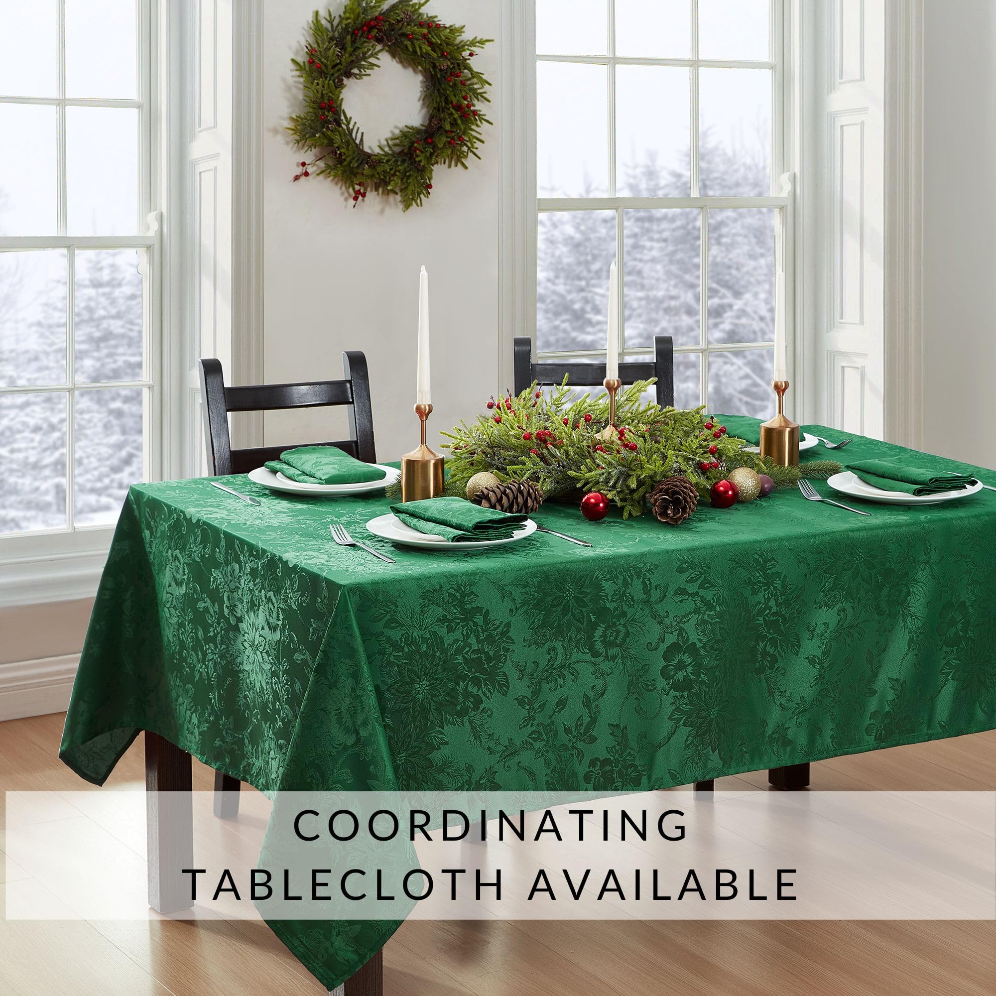 Elrene Home Fashions Poinsettia Elegance Jacquard Christmas/Holiday Cloth Dinner Napkins, Set Of 4, 17''X17'', Green