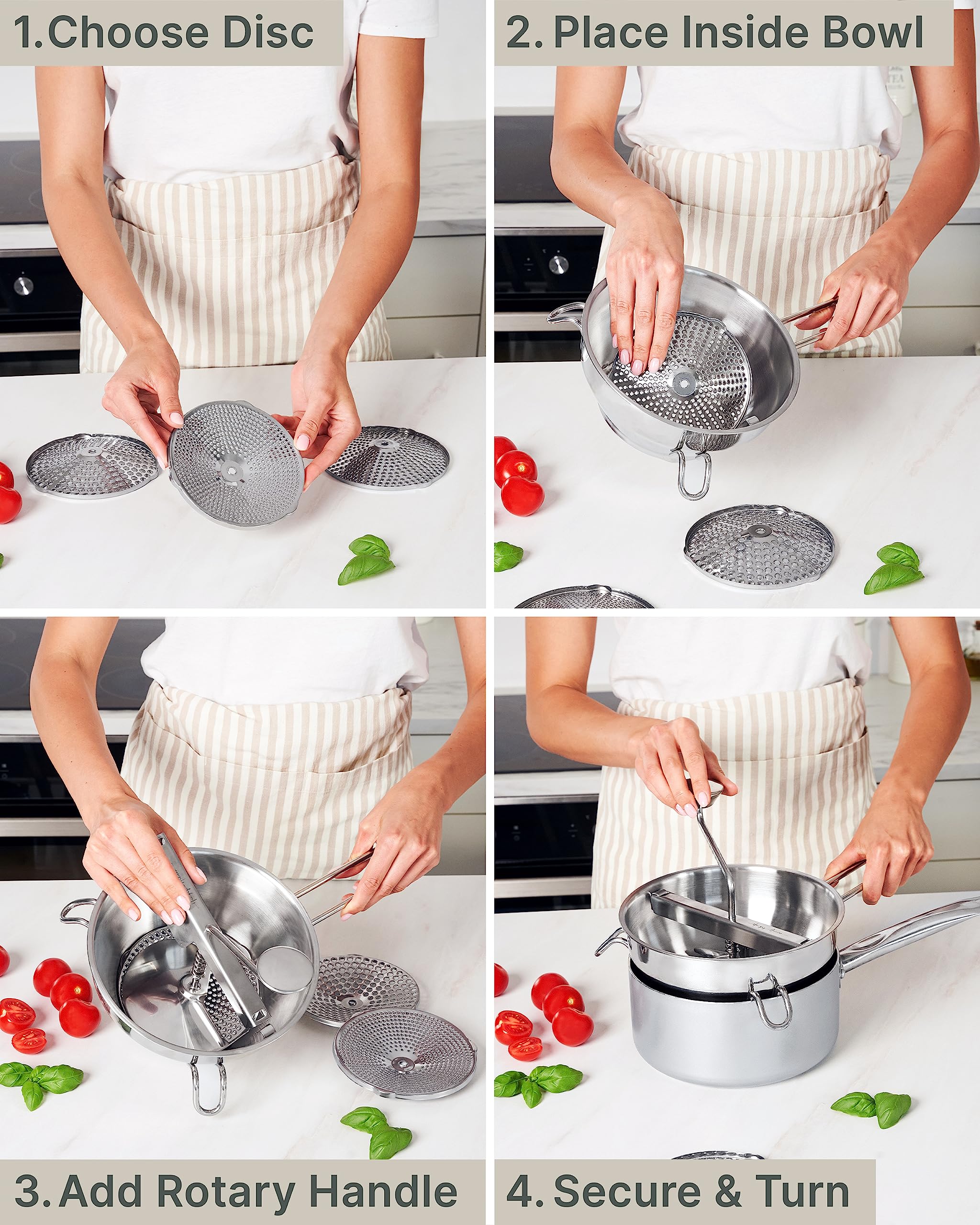 Ergonomic Food Mill Stainless Steel With 3 Grinding Discs, Milling Handle & Bowl - Rotary Food Mill For Tomato Sauce, Applesauce