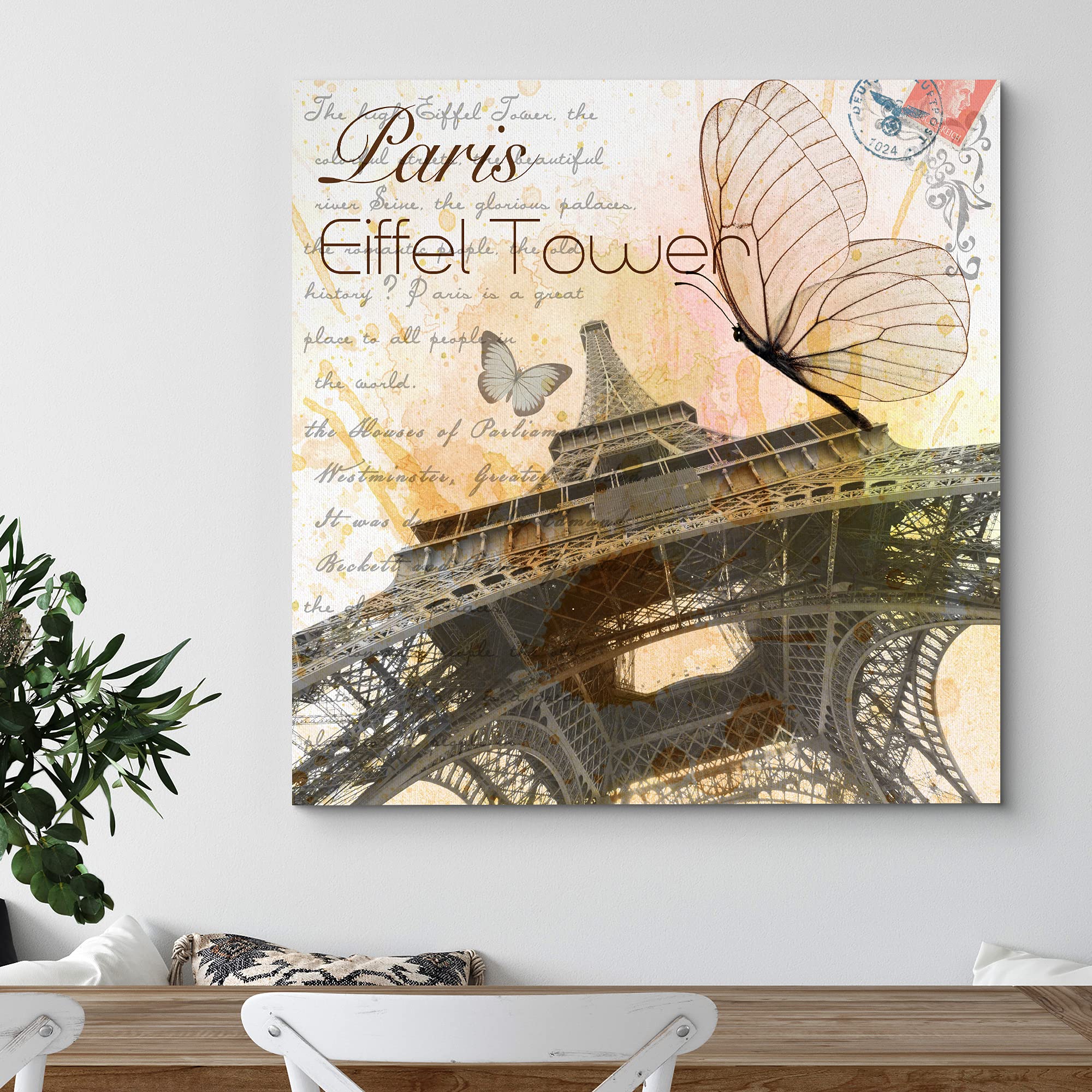 Wall26 Canvas Print Wall Art Eiffel Tower With Butterflies Architecture & Maps Cities Photography Realism Chic Scenic Relax/Calm