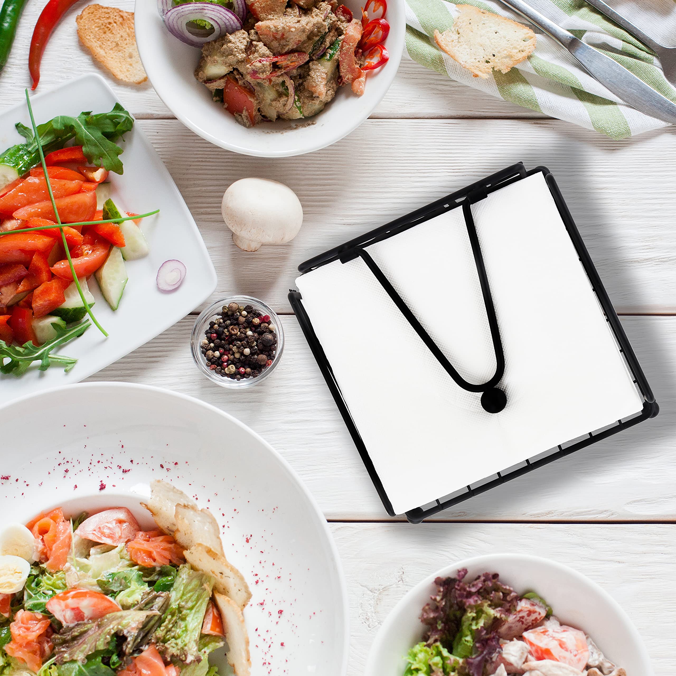 Cuisine Napkin Holder With Weight & Black Salt And Pepper Shakers Set