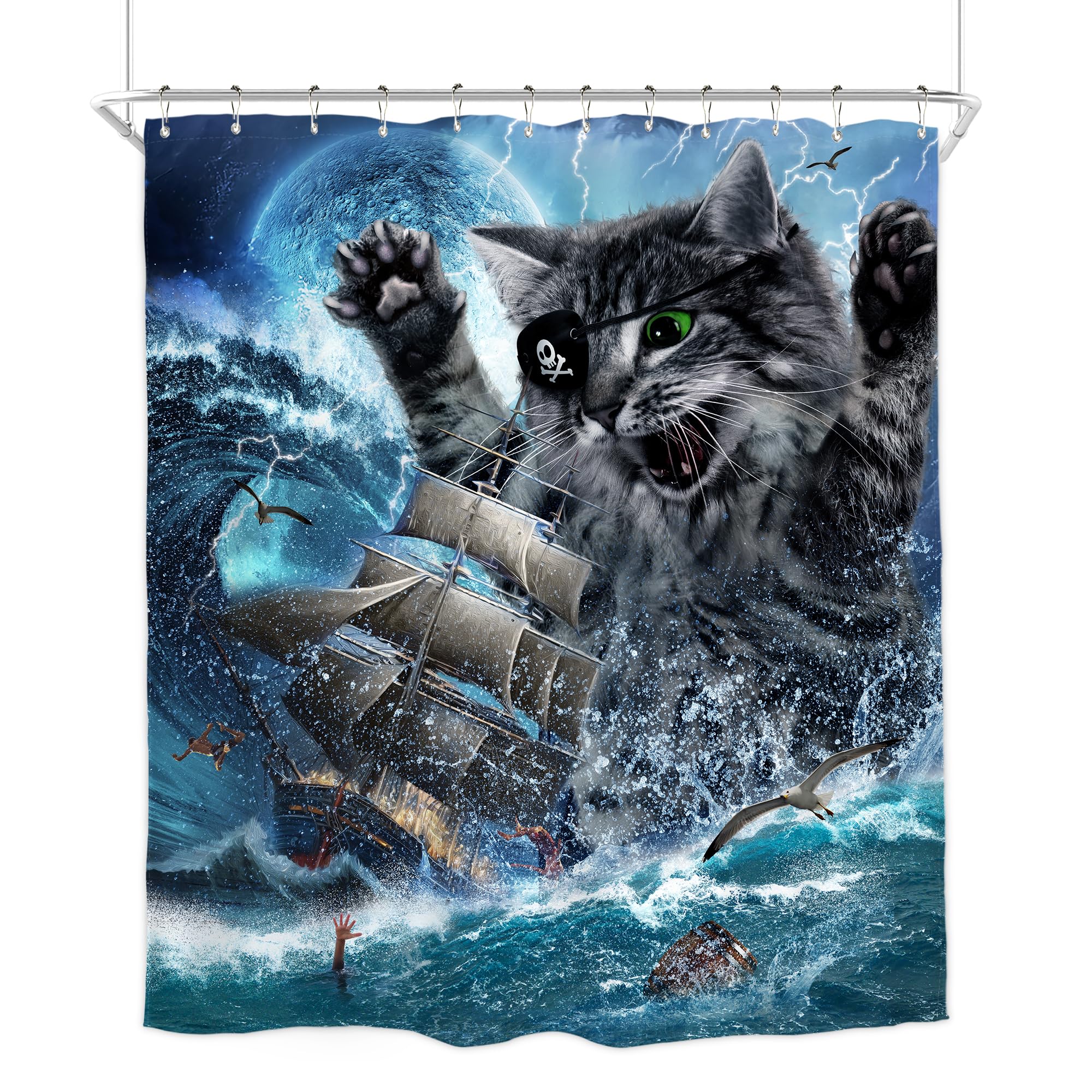 Homewelle Funny Cat Shower Curtain Pirate Ship Sea Ocean Waves Nautical Sailboat Moon Cool Animal Beach Seagull Cute For Kids Bo