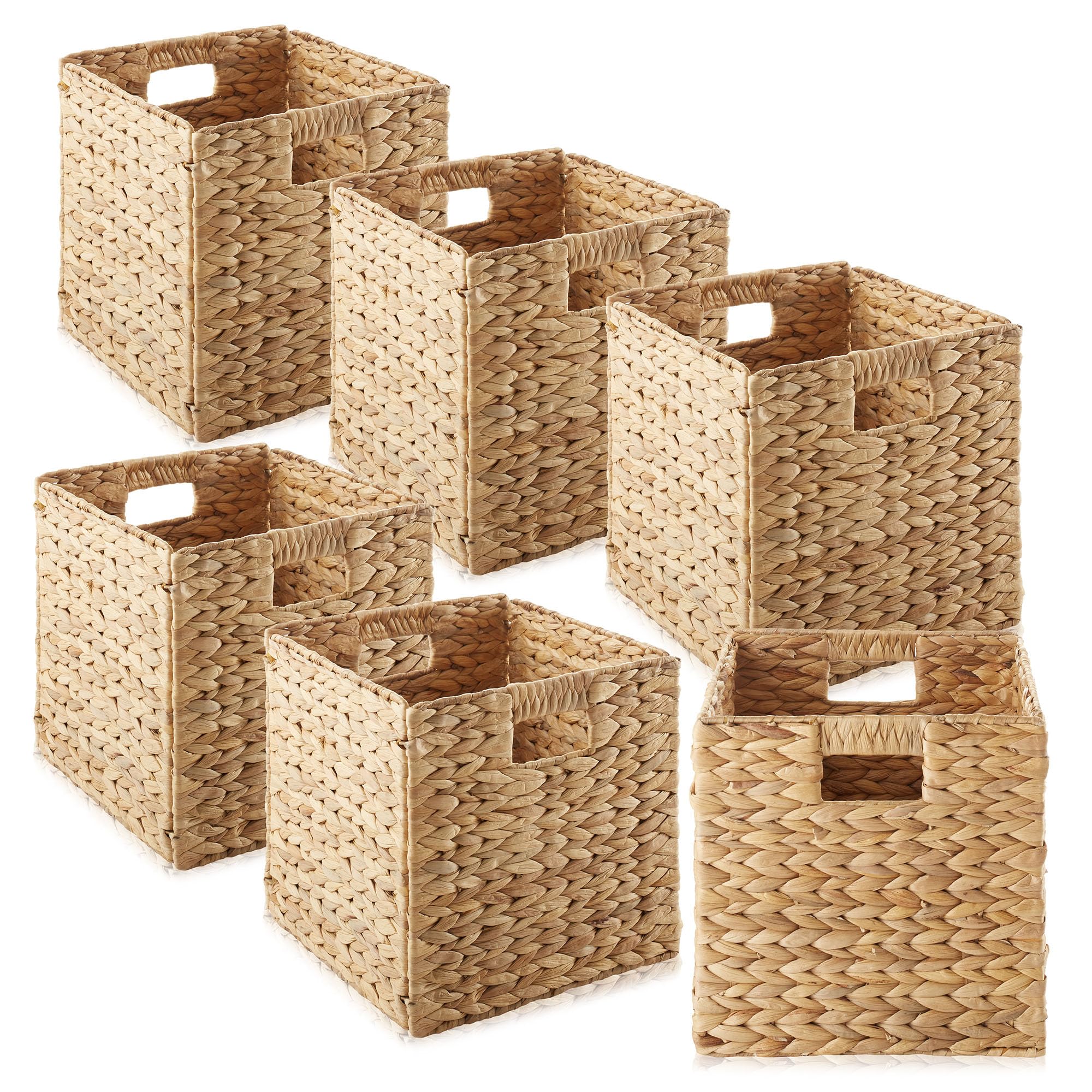 Casafield 10.5'' X 10.5'' Water Hyacinth Storage Baskets, Natural - Set Of 6 Collapsible Cube Organizers, Woven Bins For Bathroo