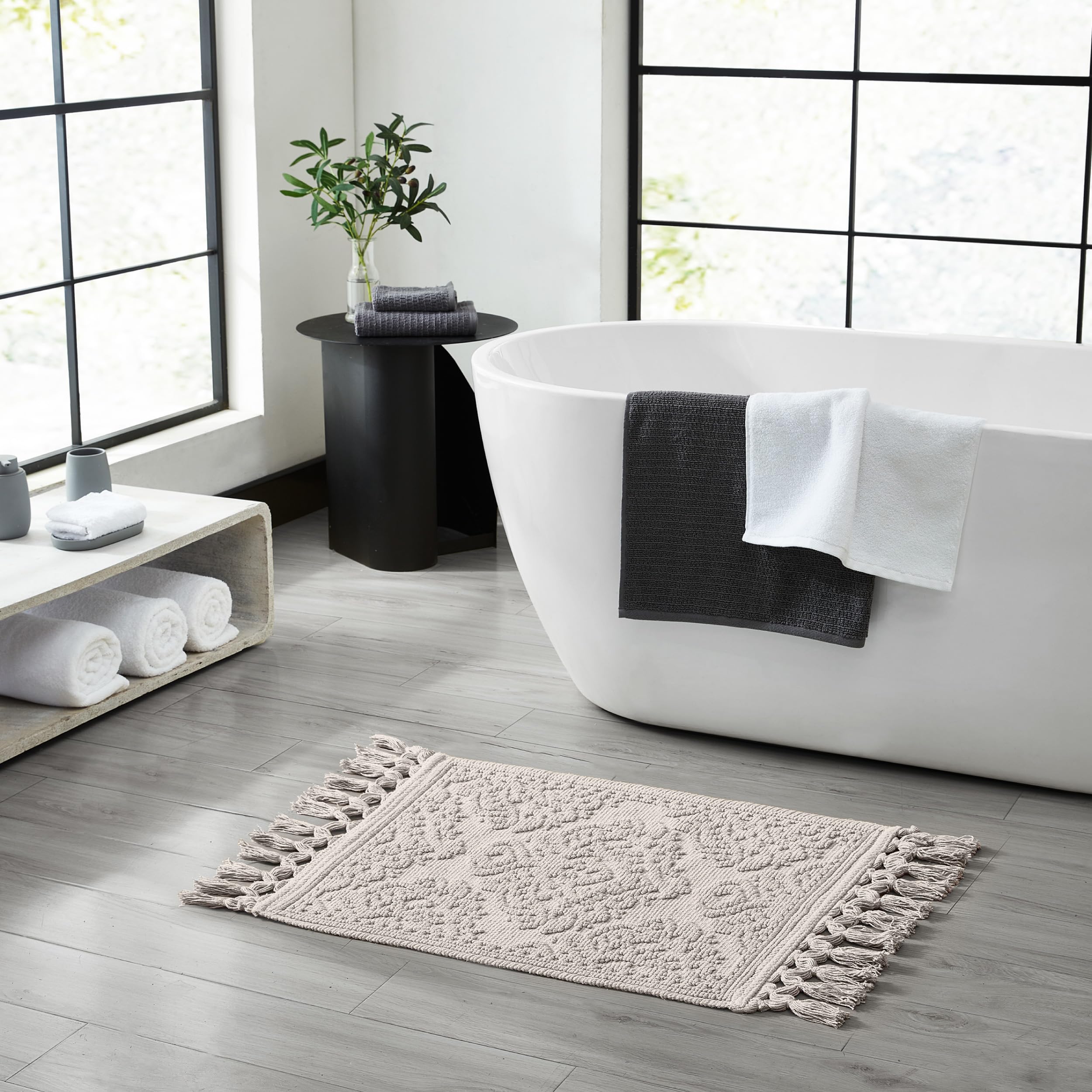 Jean Pierre - Ricardo Bath Mat, Woven Fringe Bathroom Rugs, 100% Cotton, Premium Bathroom Decor - Measures 17'' X 31'' - Light G