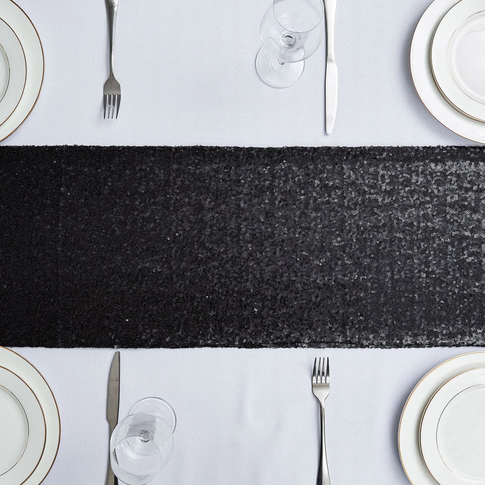6Pcs 12X72 Inch Sequin Table Runner Black Glitter Table Runner For Party, Wedding, Bridal Baby Shower, Event Decorations(6Pcs, 1