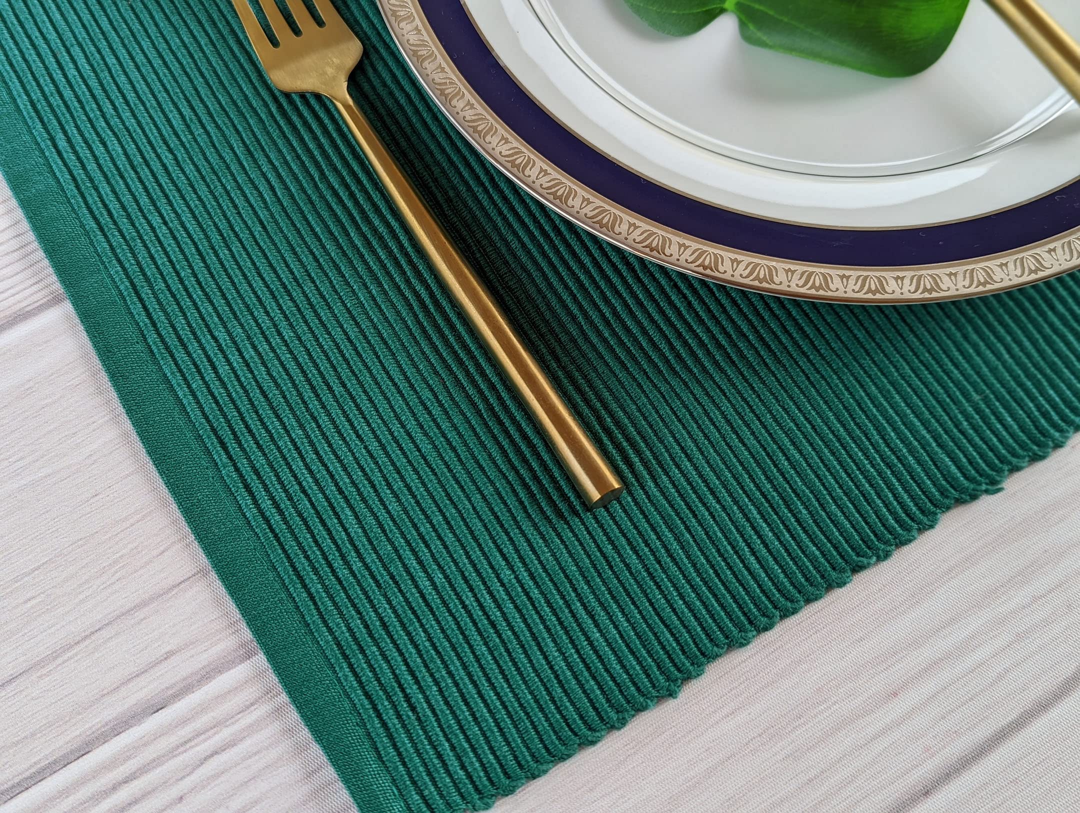 Avka Studio 100% Cotton Ribbed Placemats - Set Of 6-13 X 19 Inches - Peacock Green - Everyday Cloth Table Mats - Thick Construct