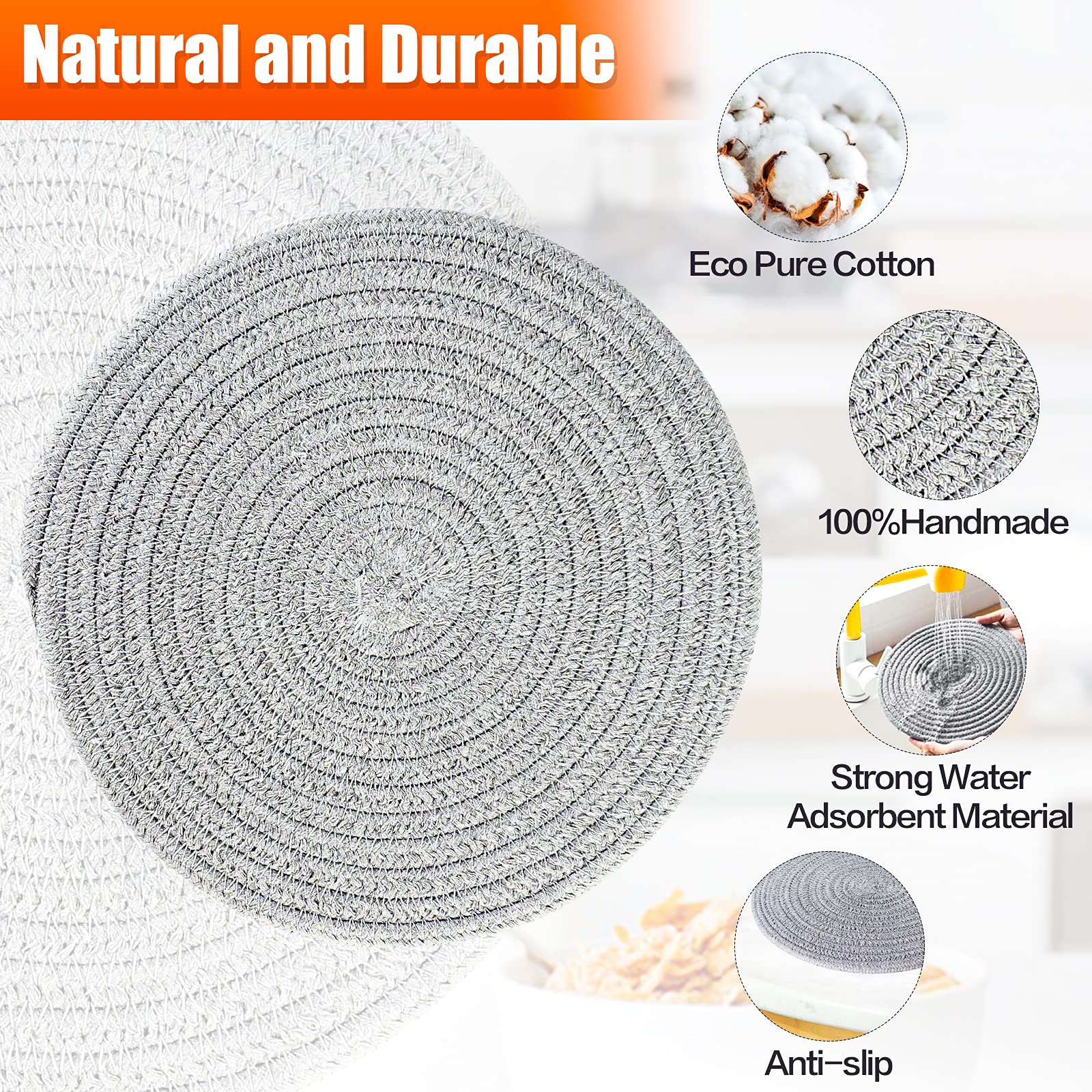 Pot Holders Trivets Set, 4 Pcs 100% Cotton Thread Woven Trivets For Hot Dishes Plates, 7 & 9.5 Inch Heat Resistant Potholders Wo