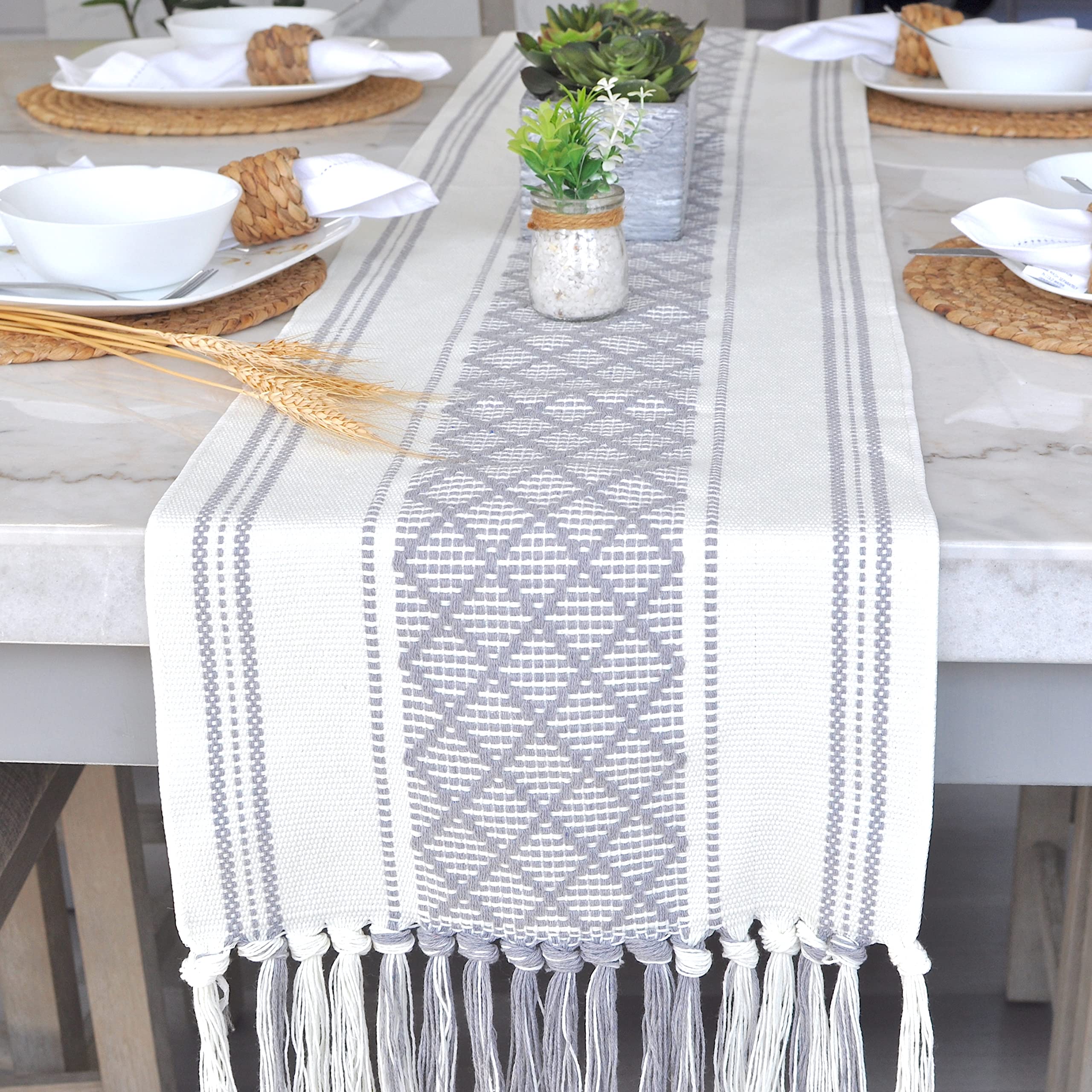 Oveesha Boho Table Runner With Tassel 14 X 72 Inches, Grey & Cream, Woven Washable Dresser Scarf And Topper For Bedroom, Farmhou