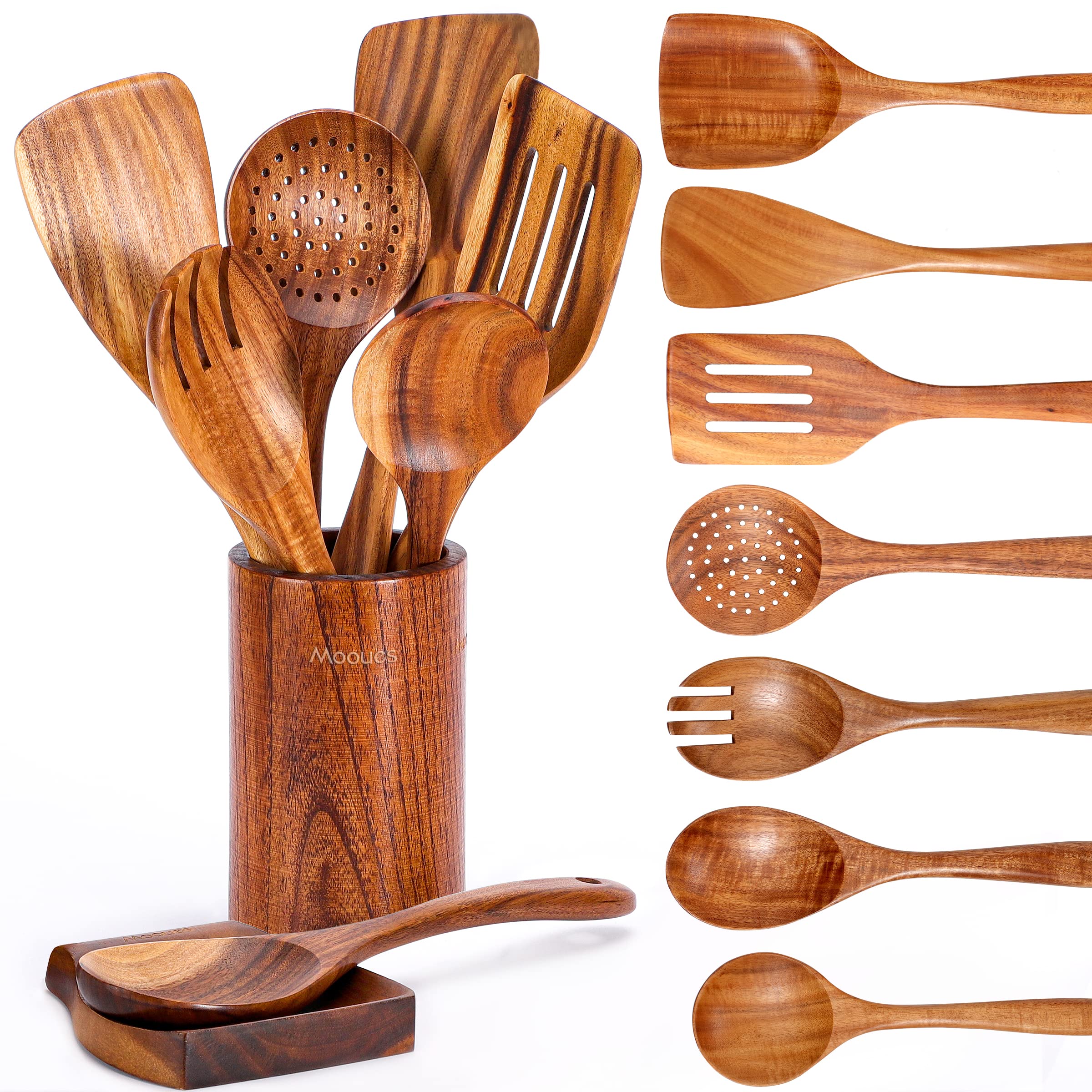 Mooues 9 Piece Natural Teak Wooden Kitchen Utensil Set With Spoon Rest - Comfort Grip Cooking Spoons And Utensils Holder