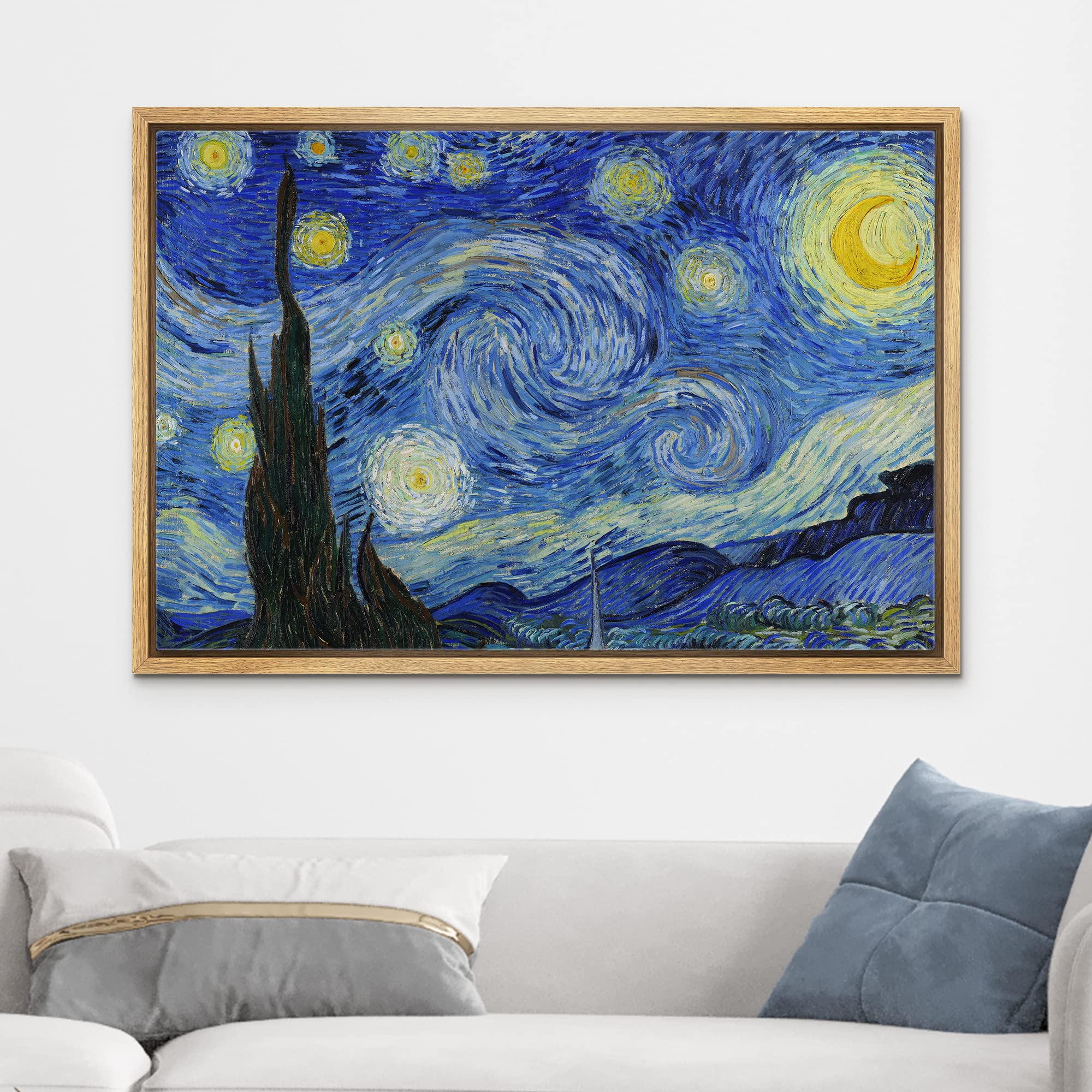 Wall26 - Starry Night By Vincent Van Gogh - Framed Canvas Art Wall Art - 16''X24'' Natural