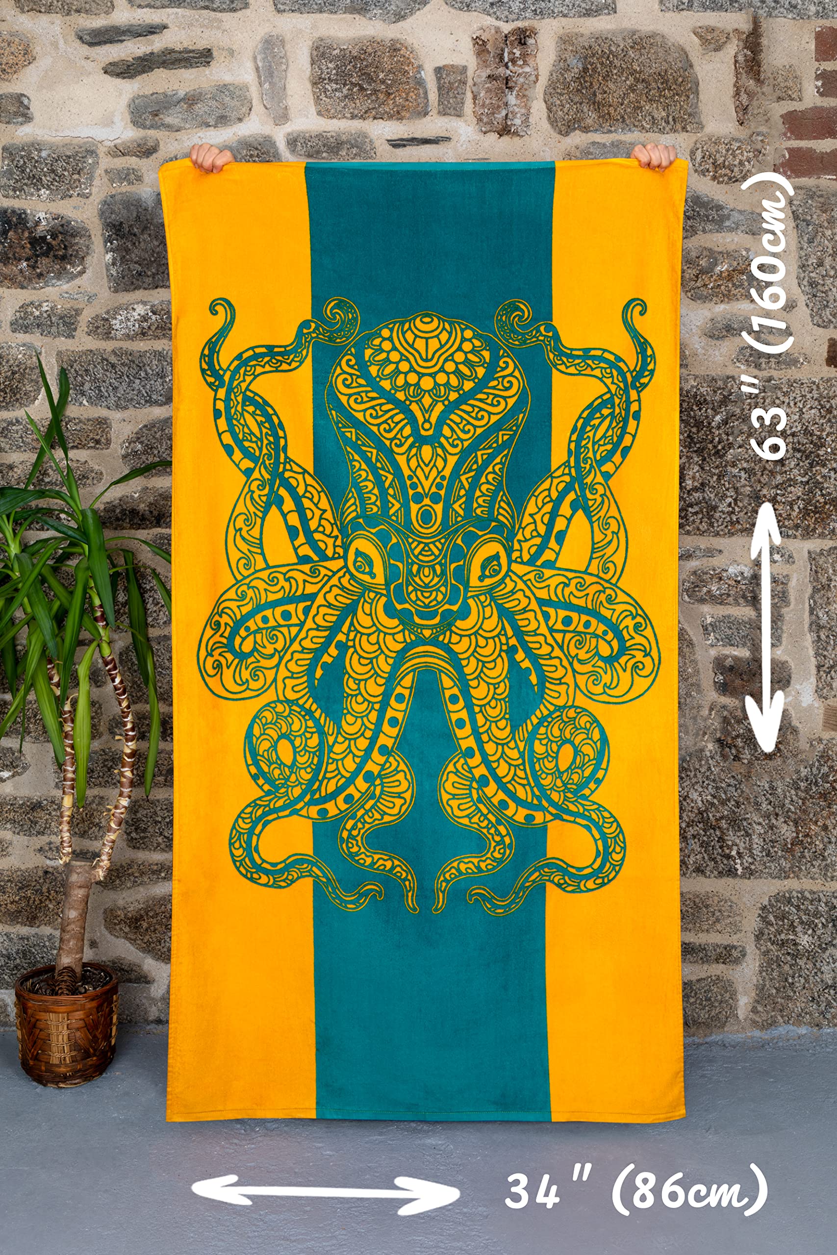 Nova Blue Octopus Beach Towel (34 X 63) - Orange & Teal Colorway With Tropical Design Travel Beach Towel Made From 100% Cotton -