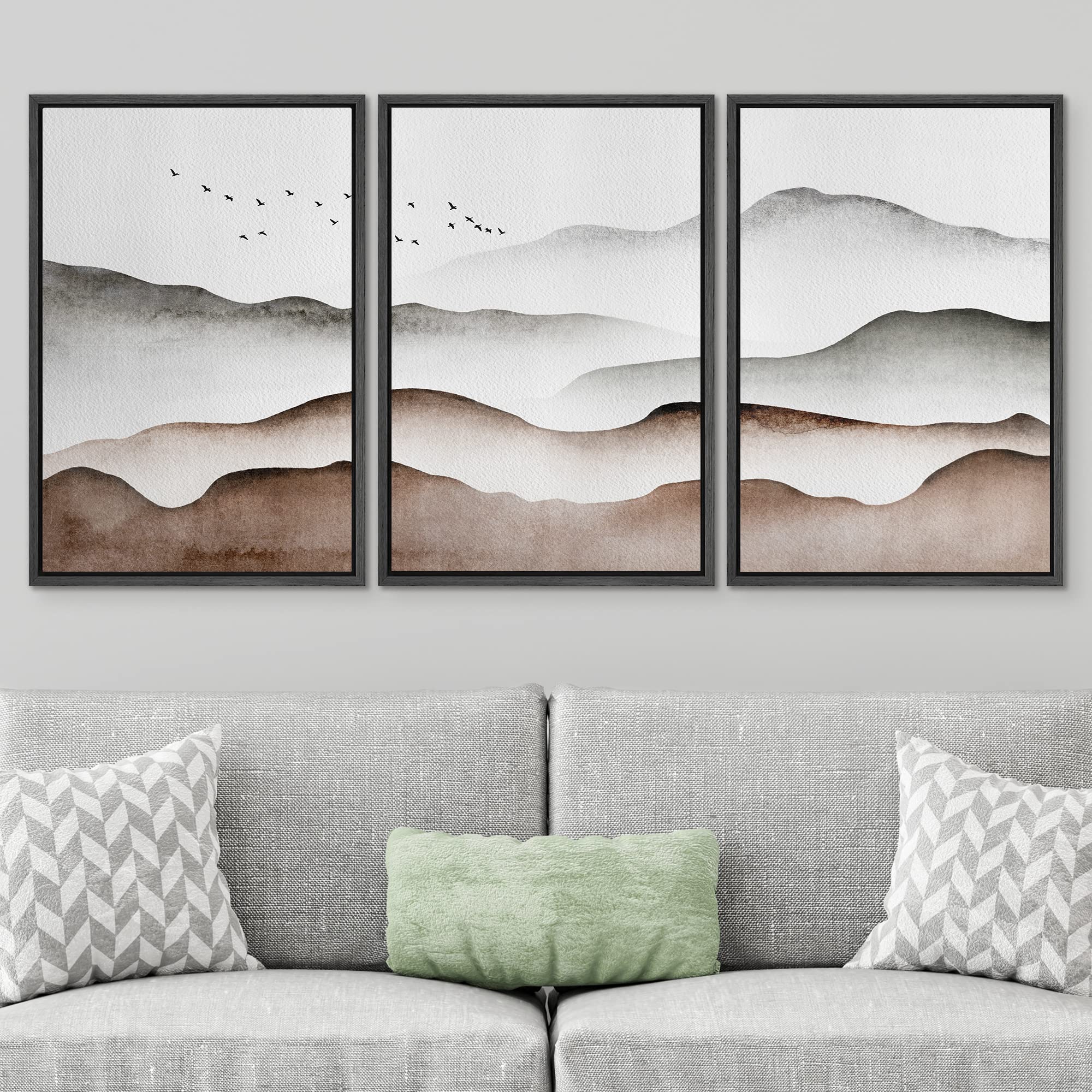 Signwin Framed Canvas Print Wall Art Set Dark Pastel Mountain Range Horizon Nature Wilderness Illustrations Modern Art Decorativ
