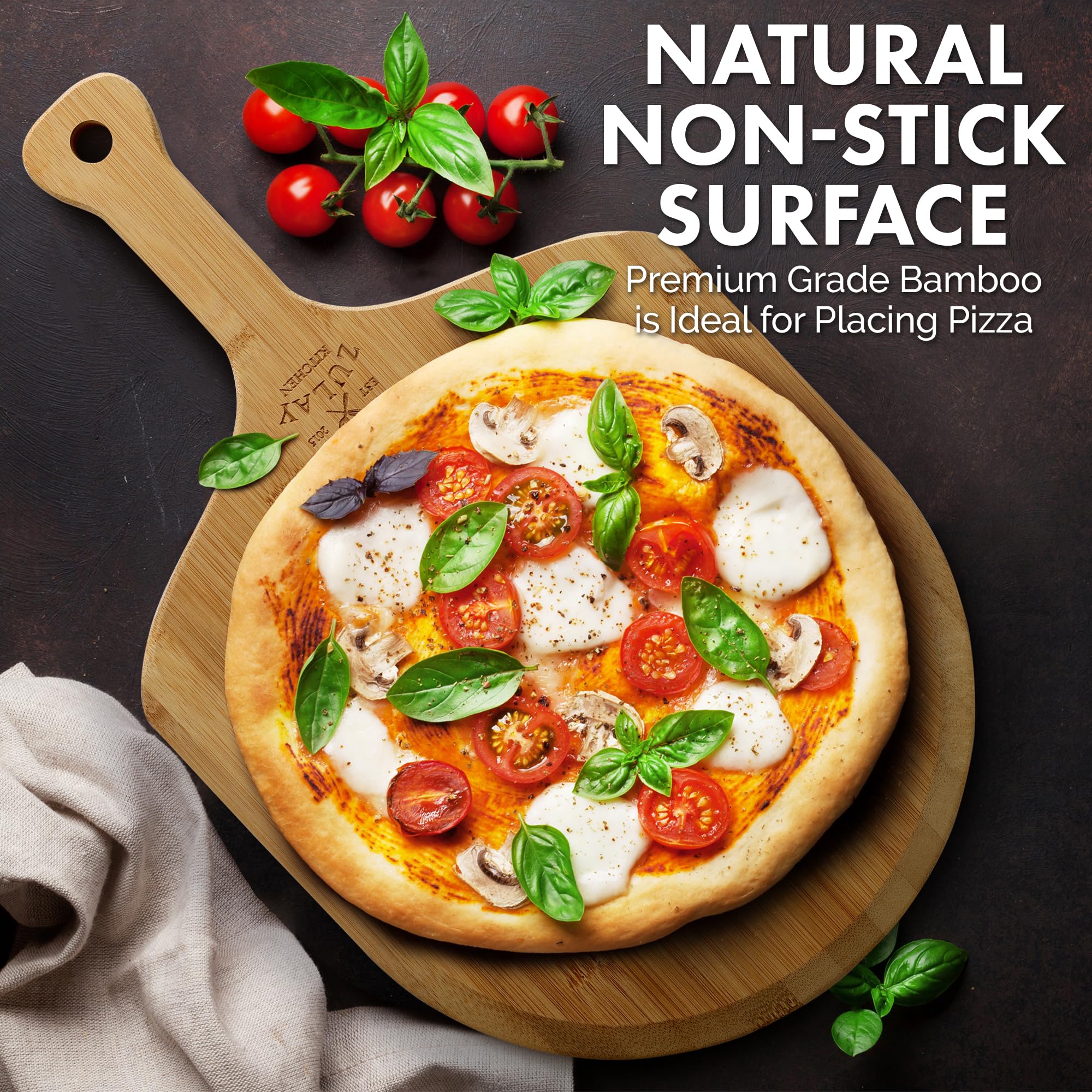 Zulay Kitchen Wooden Pizza Peel - Large 15'' Pizza Paddle With Extra Long Handles - Authentic Natural Bamboo Easy Glide Edges &
