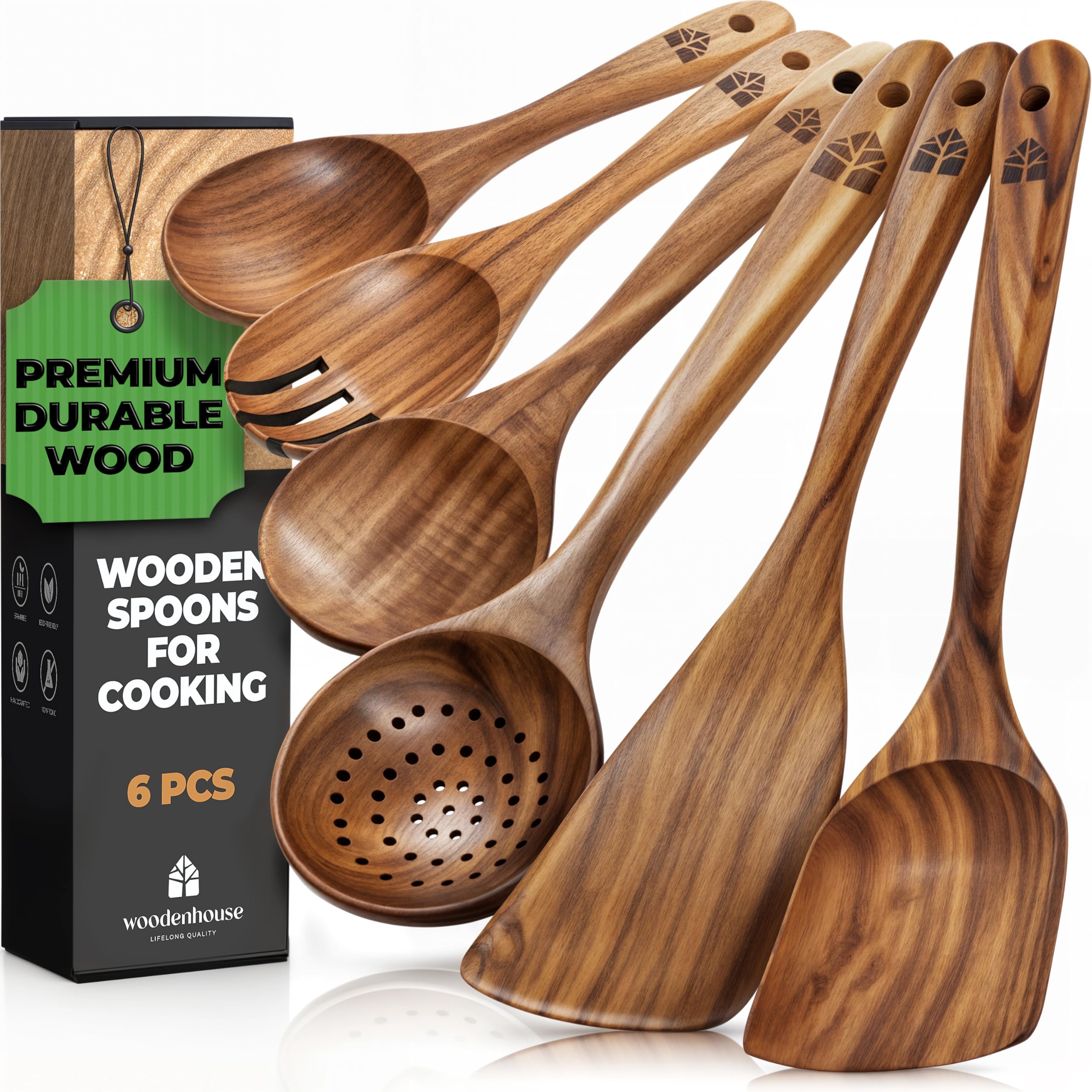 WOODENHOUSE Wooden Spoons Set - 6 Pcs Teak Kitchen Utensils, Comfortable Grip, Non-Stick Cooking Tools
