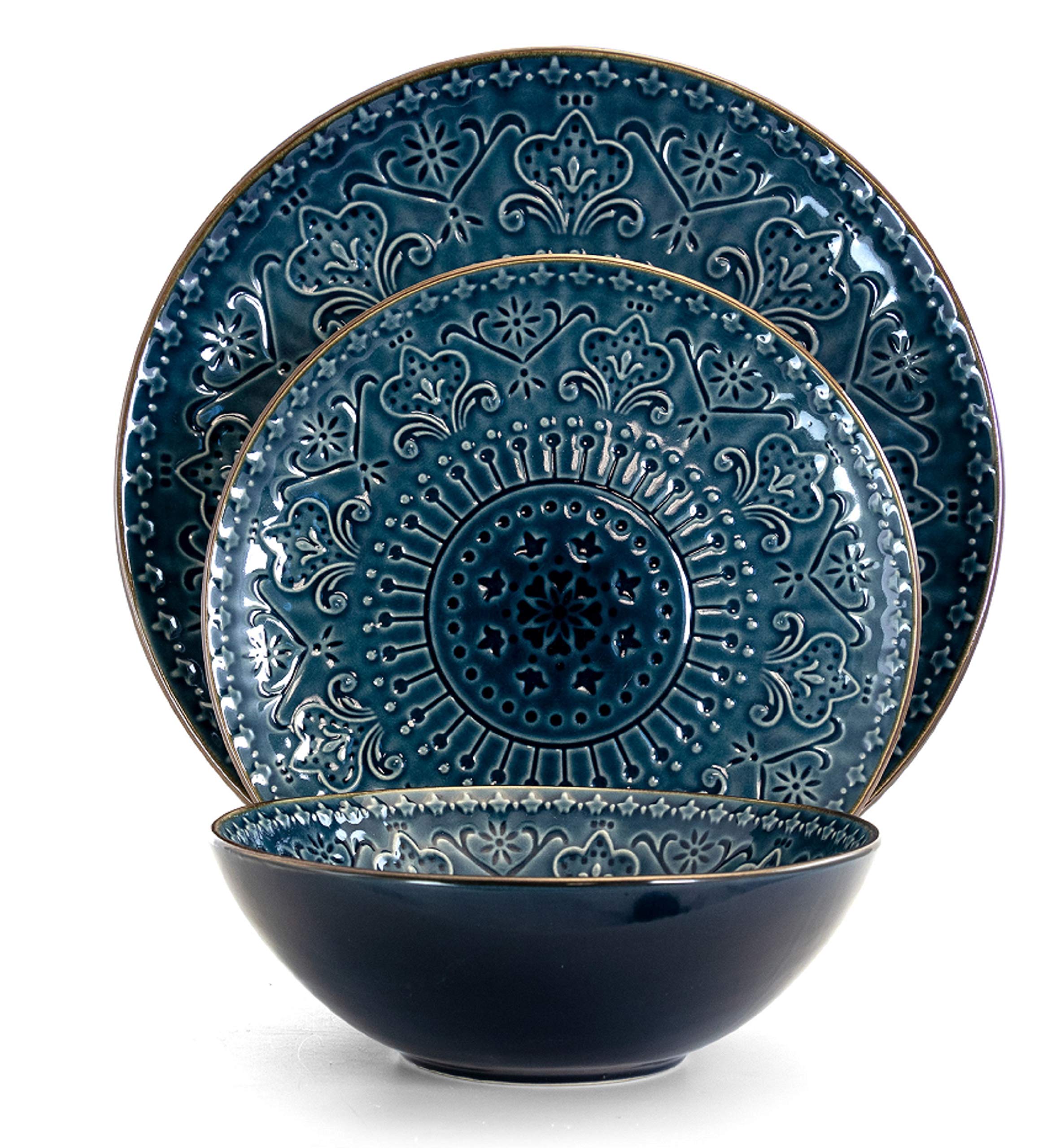 Elama Deepsea Mozaic 16 Piece Round Stoneware Dinnerware Set in Sea Blue