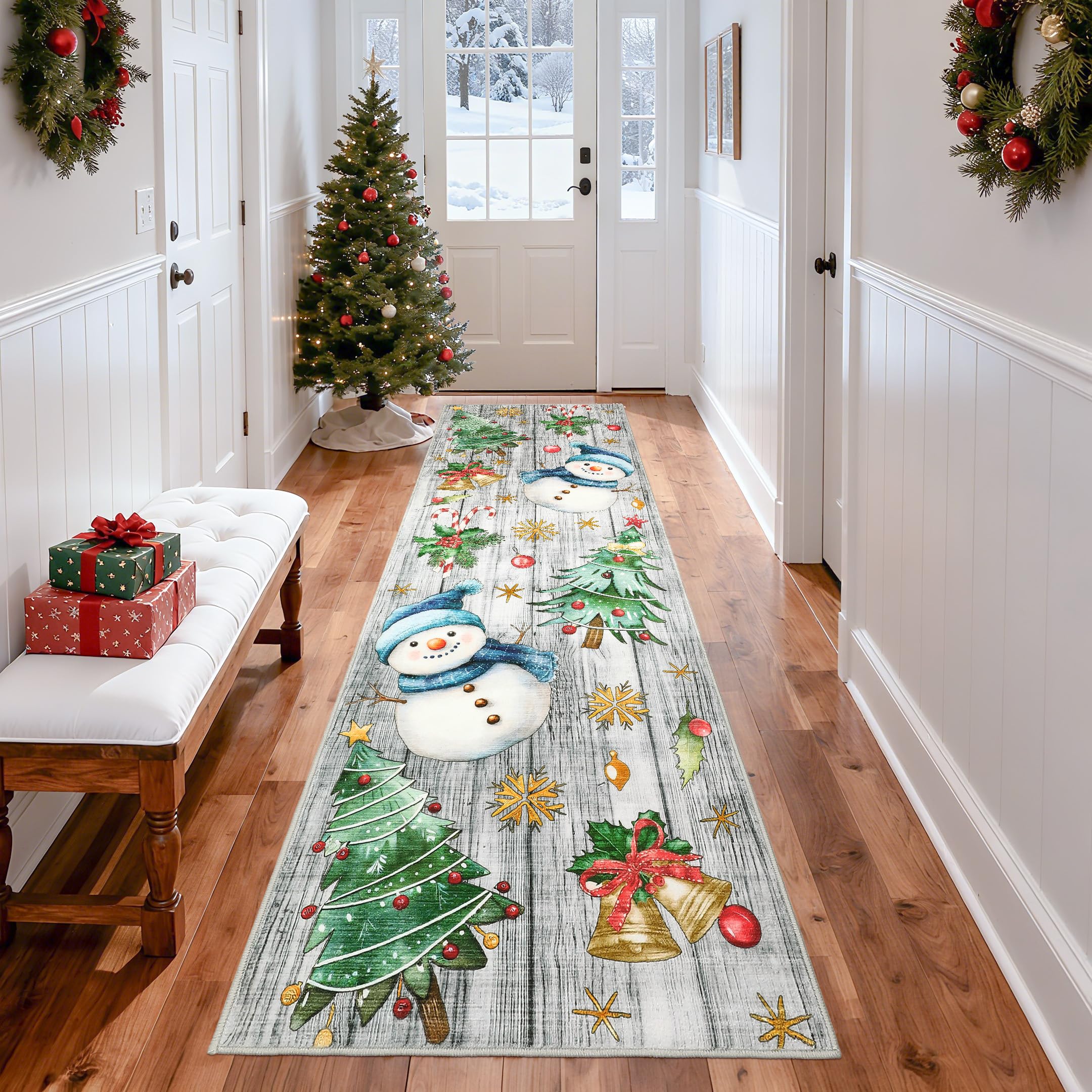 GarveeHome Christmas Runner Rug 2x8 Washable Kitchen Runner Non Slip Bath Rugs Low Pile Entryway Rug Xmas Tree & Snowman Foldabl