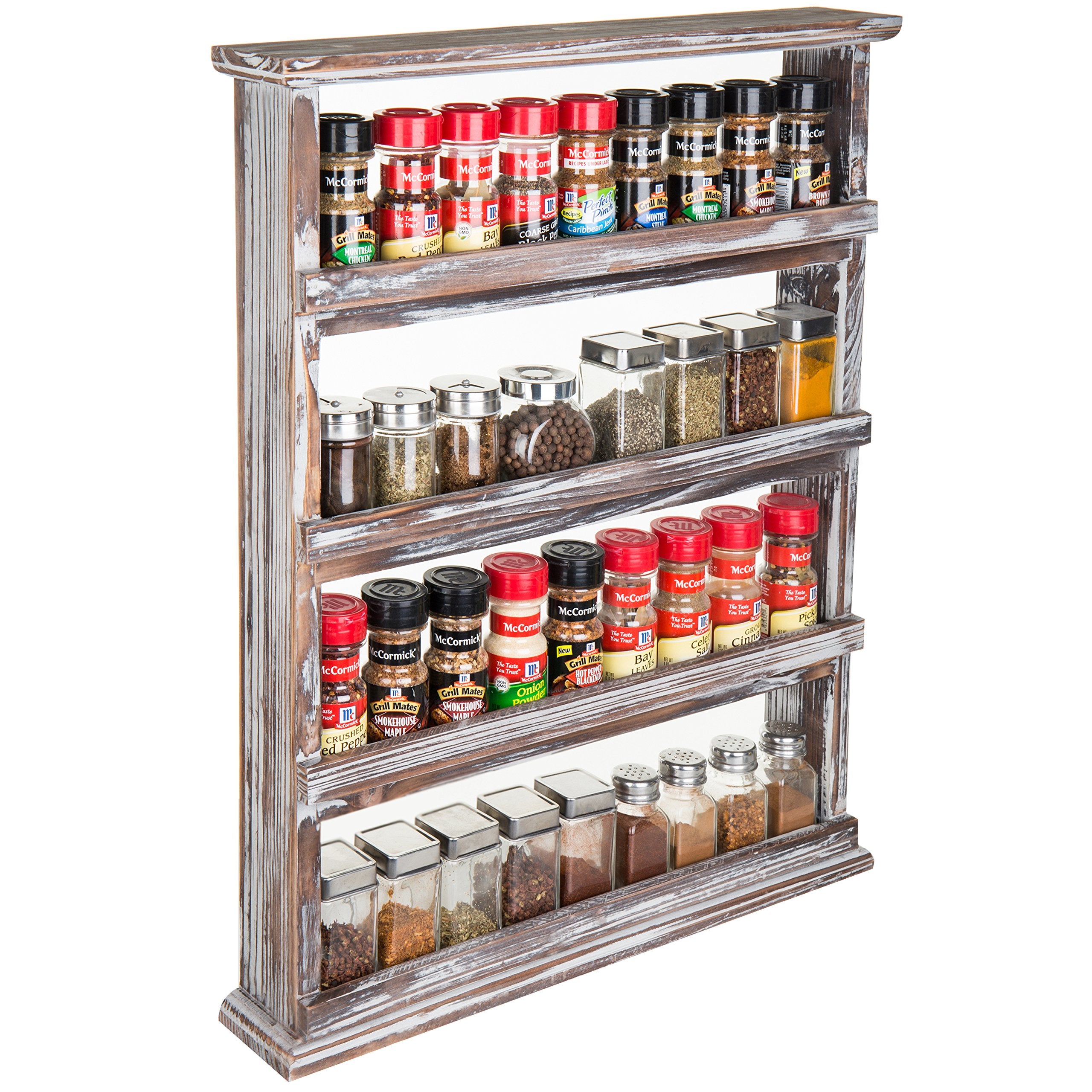 MyGift Rustic Torched Wood Wall Hanging Spice Rack, 4 Tier Seasoning Jar Shelves Pantry Organizer