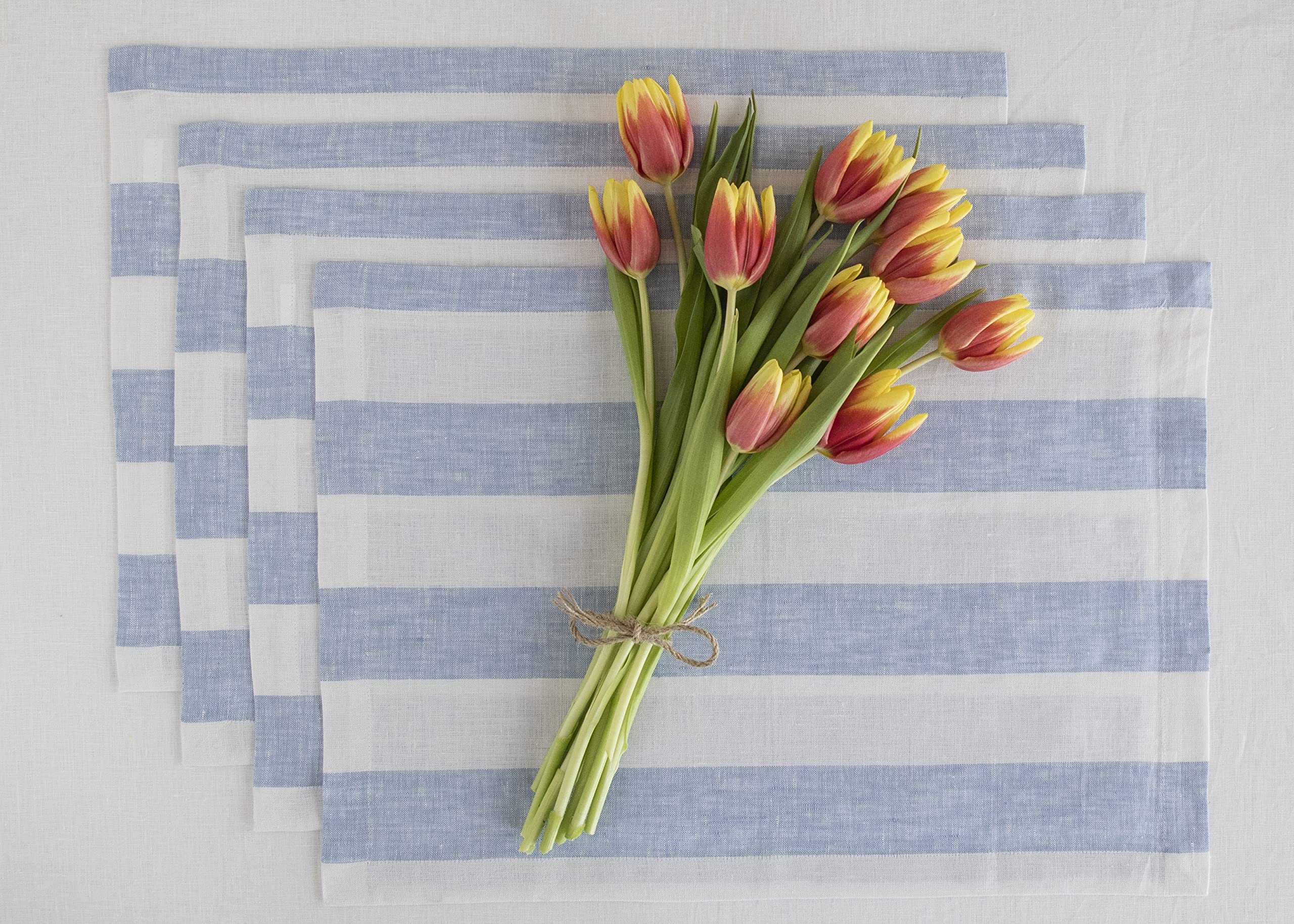 Solino Home Linen Easter Placemats 14 x 19 Inch - 100% Pure Linen Fabric Placemats for Spring  Summer - Cabana Stripe Sky Blue and White Tablemats Set of 4 - Handcrafted and Machine Washable