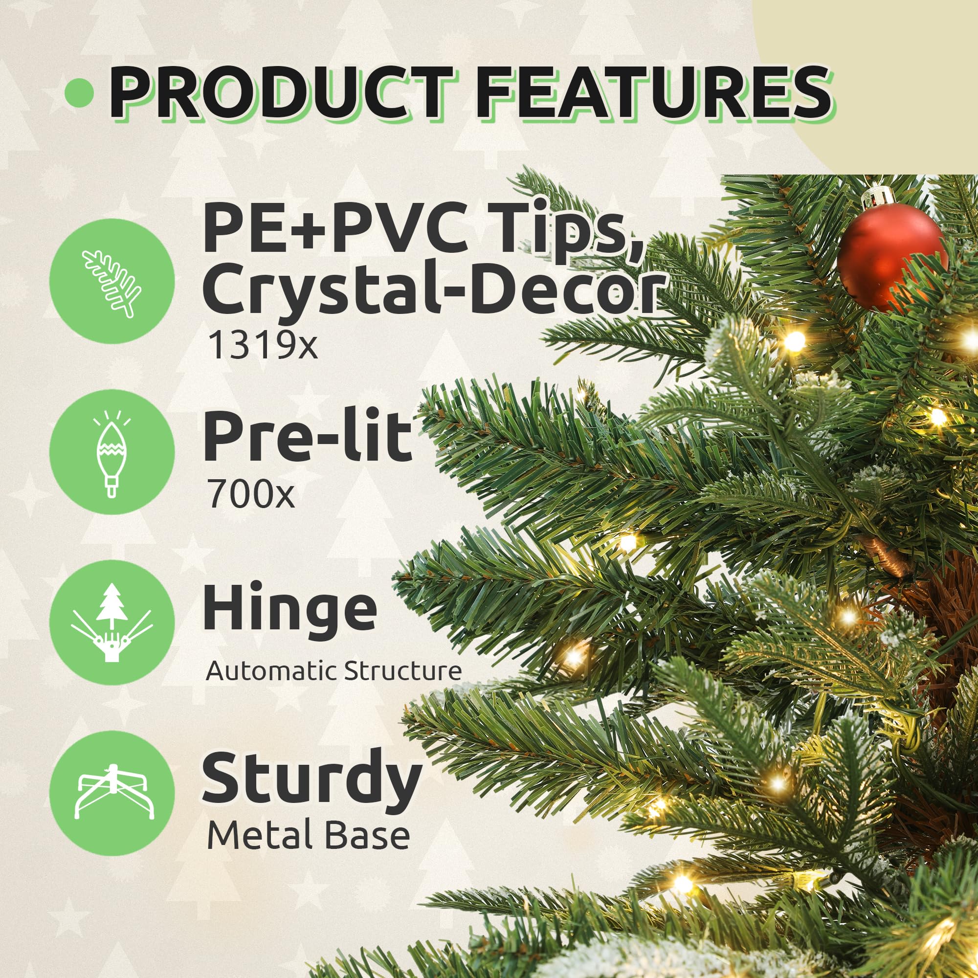 GOOBED Prelit Aspen Fir Christmas Tree 7.5ft with Remote Control, Pre-lit Hinged Xmas Tree with Glittering Diamond Tips, Holiday
