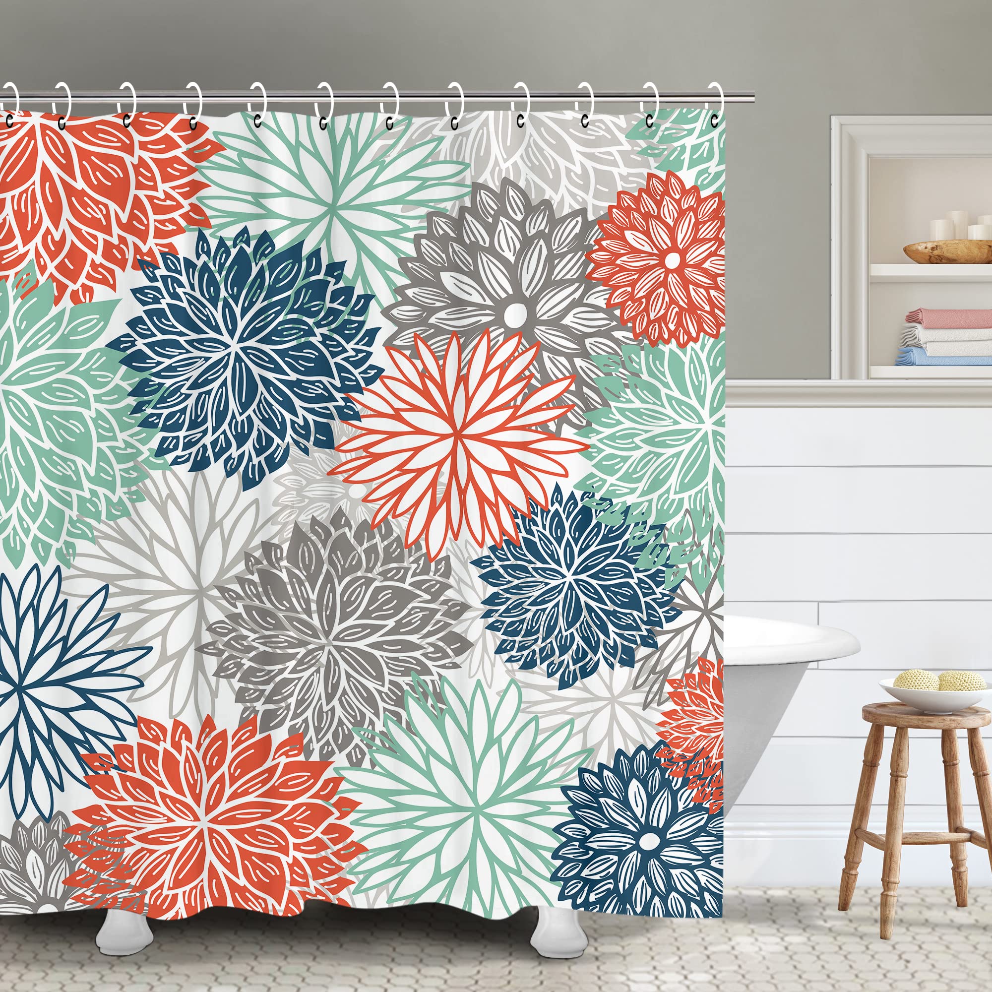 Rosielily Floral Shower Curtain Dahlia Shower Curtains Set With 12 Hooks Flower Shower Curtain Teal And Gray Blue Green Shower C
