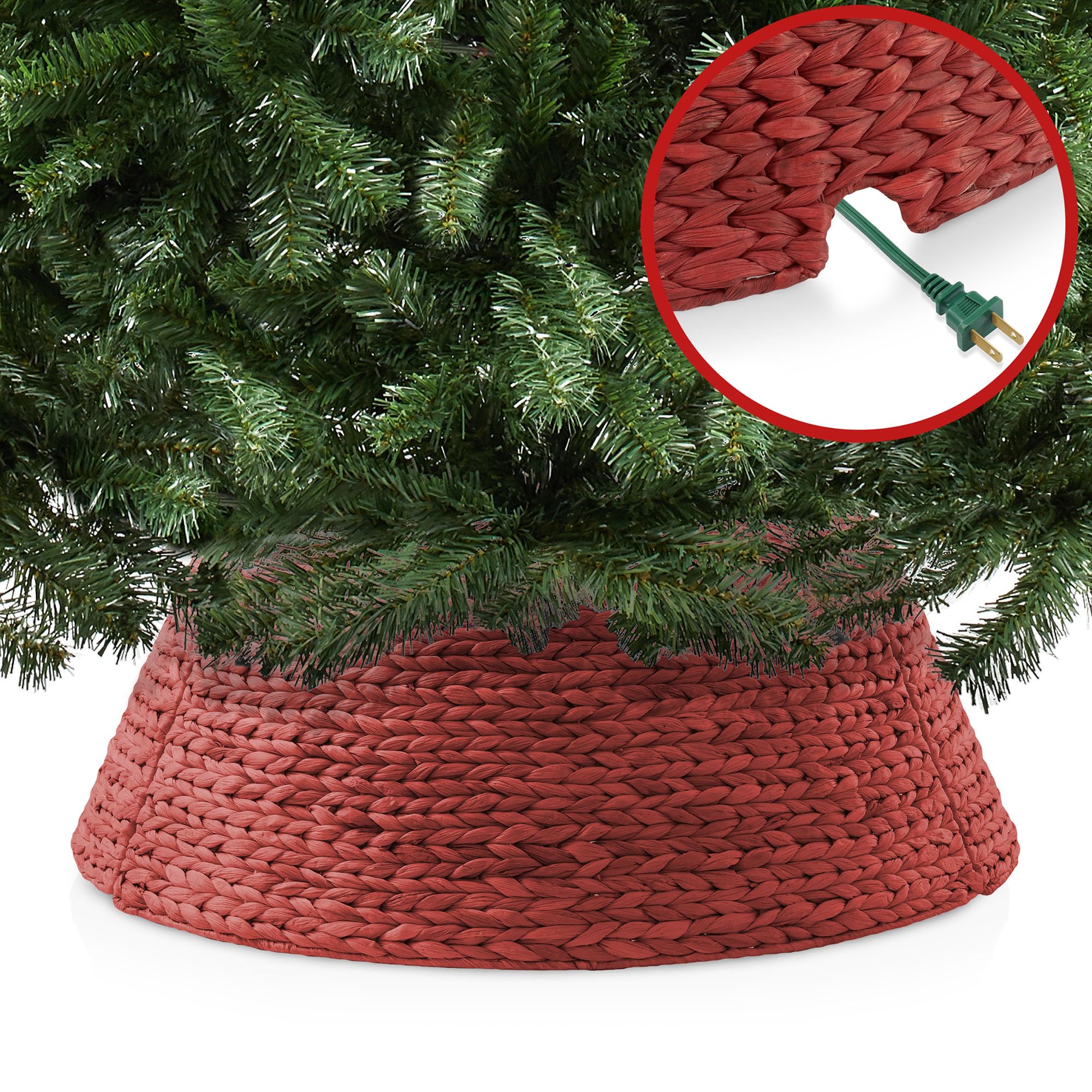 Casafield 32-Inch Christmas Tree Collar, Woven Water Hyacinth Tree Base Cover with Cord Cut Out, Red