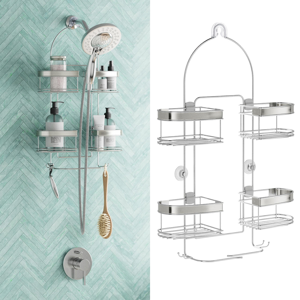 Zenna Home Hanging Shower Caddy, Over The Shower Head Bathroom Storage, Stainless Steel, For Handheld Shower Hoses, Rust Resista