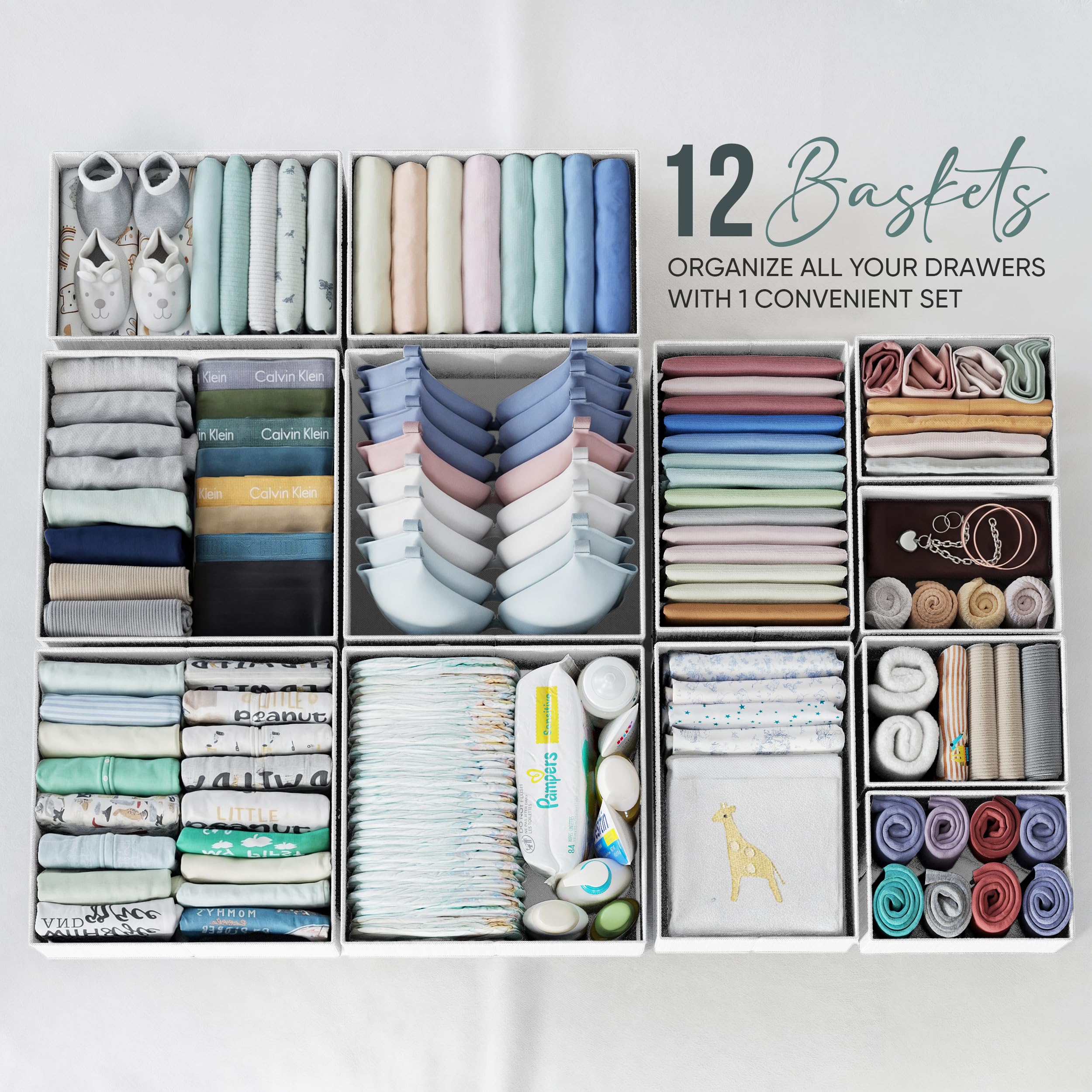 Dresser Drawer Organizer Bins For Clothes Set of 12 - Perfect for Baby Clothes and Nursery Organization, Clothing or General Clo