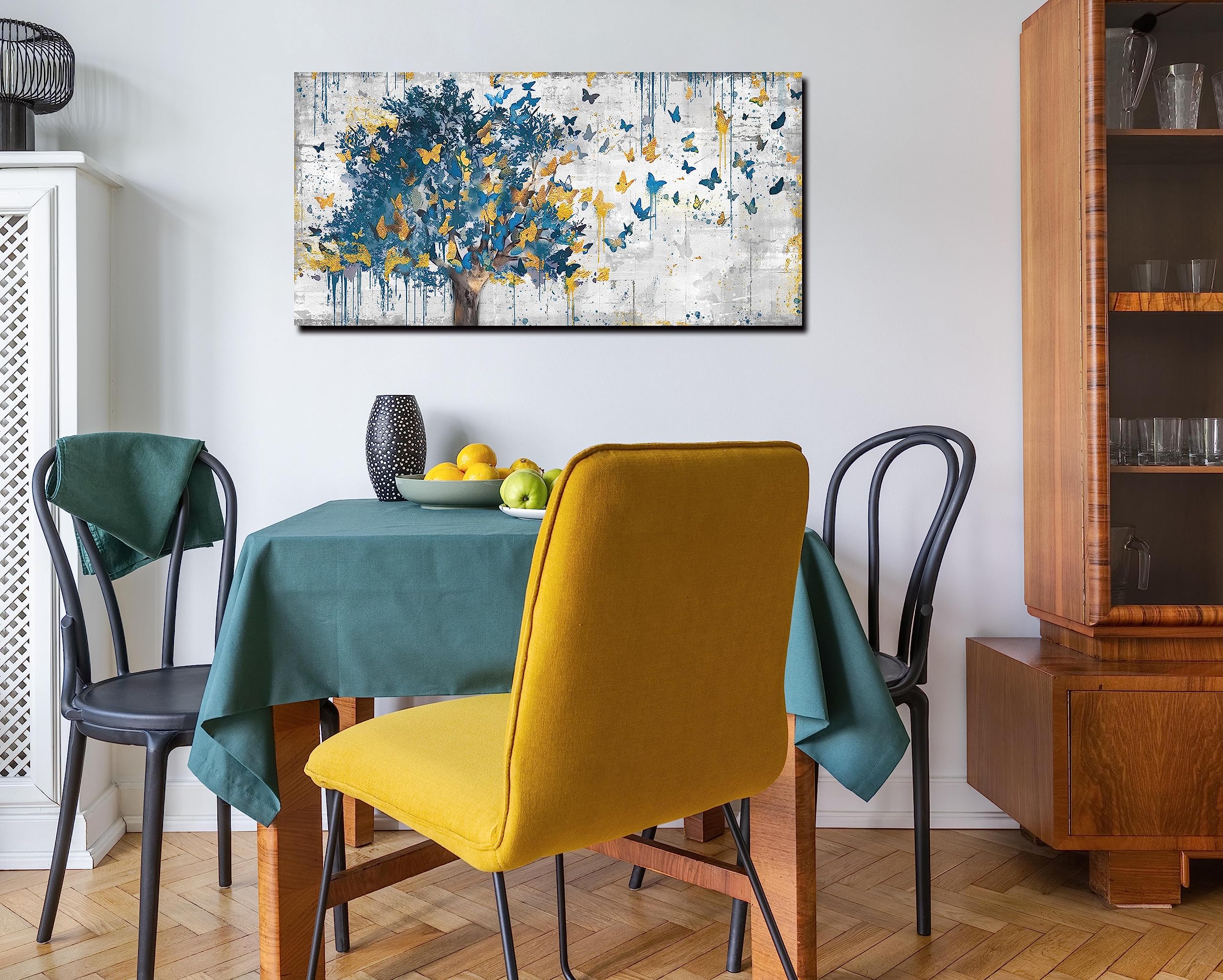 Kepgonegu Large Canvas Wall Art Blue Tree Golden Butterflies Picture Abstract Grey Graffiti Canvas Prints Ready To Hang For Livi