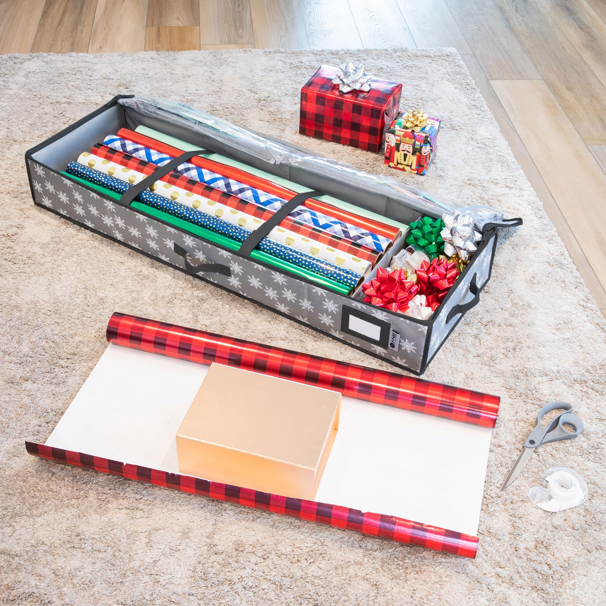 HOLDN’ STORAGE Premium Wrapping Paper Storage Container, 600D Tear-Proof, Fits 27 Rolls, Grey/White Snowflakes, Model HS-6444021077