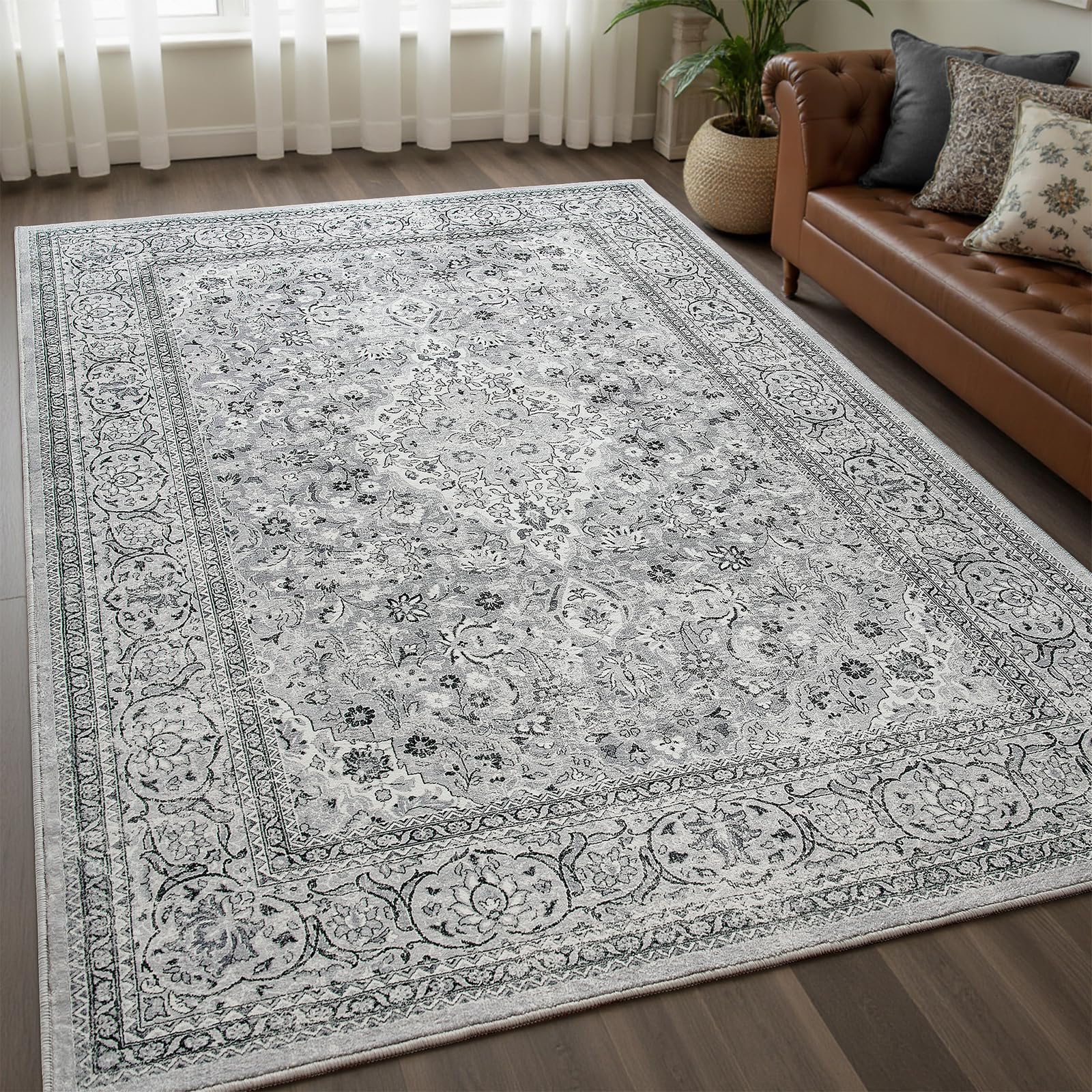Goideal Washable Rug 4x6, Gray Area Rugs Non Slip, Indoor Low Pile Carpet with Rubber Backing for Living Room Kitchen Bathroom E
