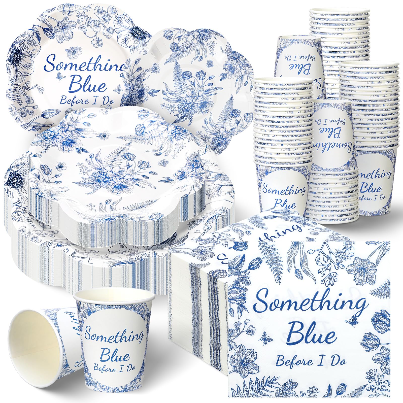 Newtay 250 Pcs Something Blue Bridal Shower Decorations Scalloped Blue and White Floral Plates and Napkins Bridal Shower Disposa