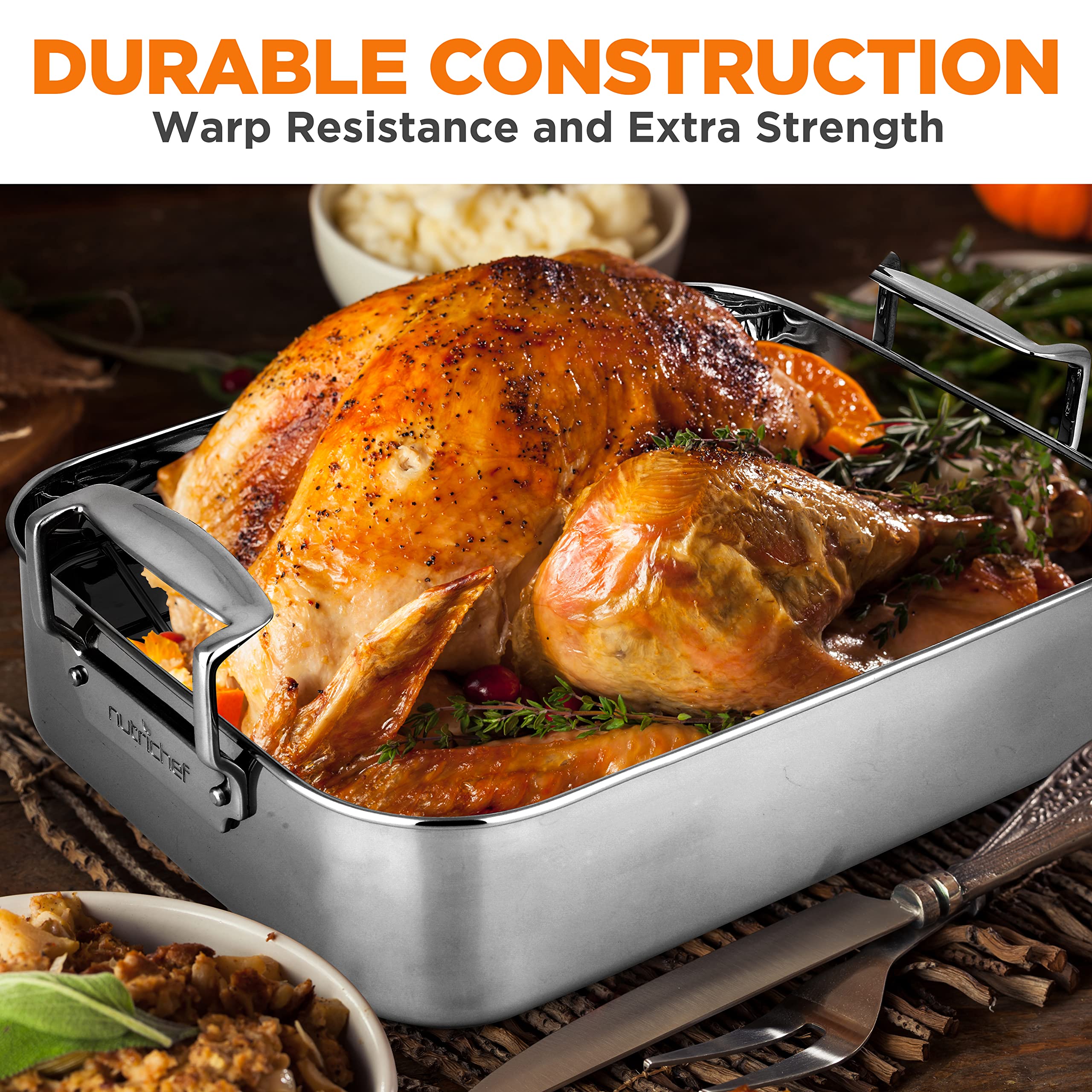 Nutrichef 14-Inch Stainless Steel Kitchen Roasting Pan With Polished Wire Rack - Versatile Baking Set For Turkey, Chicken, Meats