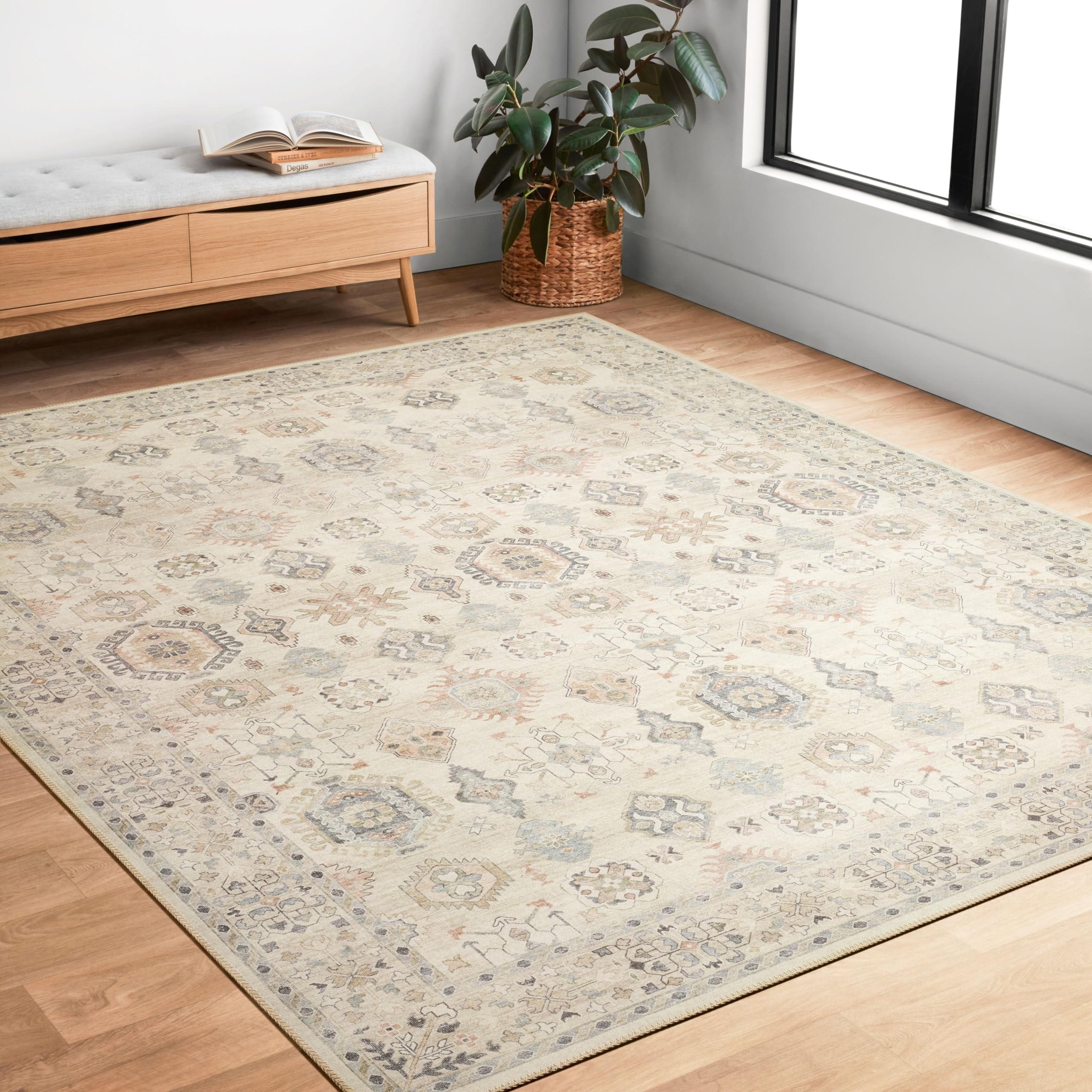 Loloi II Hathaway Collection HTH-04 Beige / Multi 5-0 x 7-6, .25 Thick, Area Rug, Soft, Durable, Printed, Modern, Low Pile, No