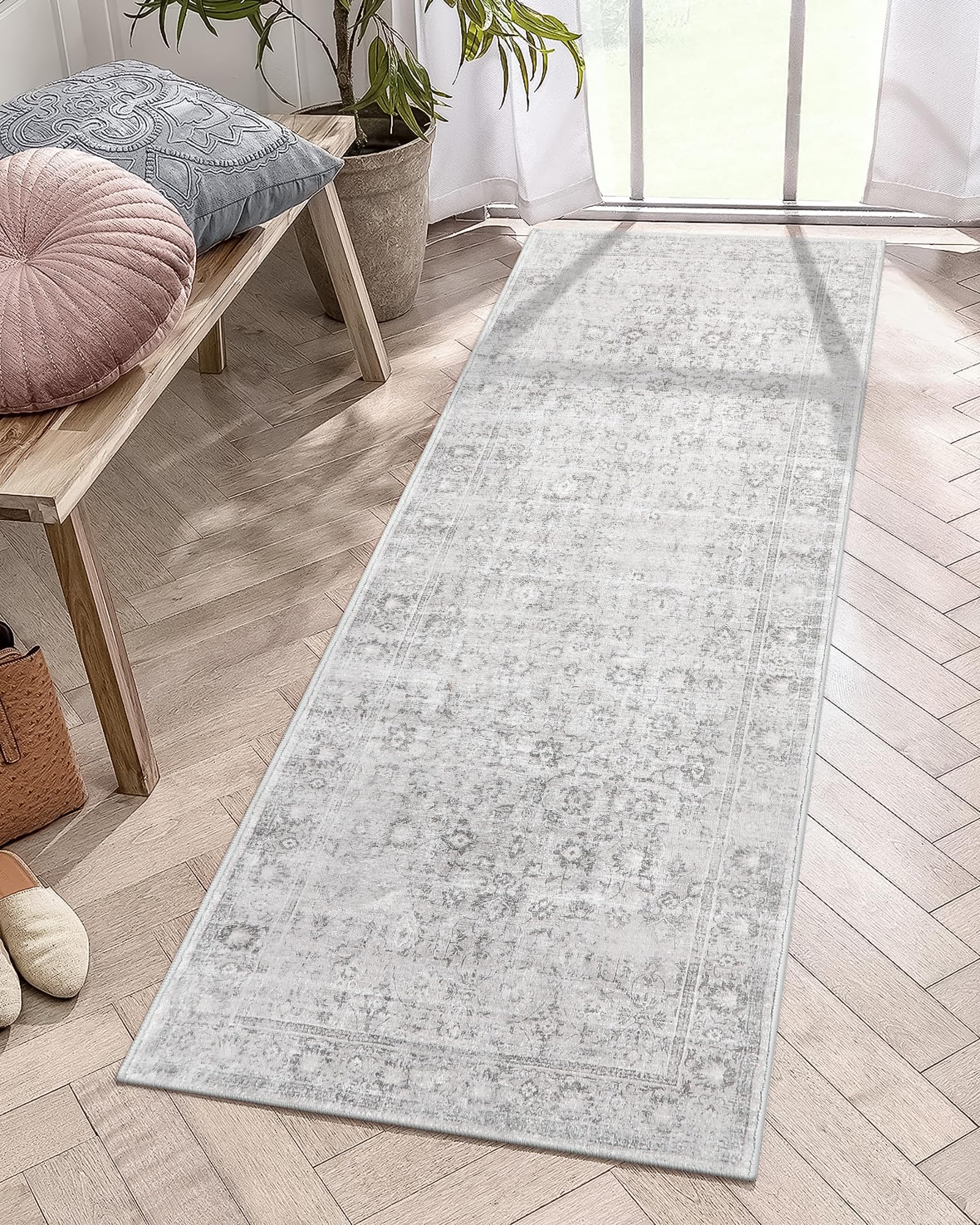 LIVEBOX 2x6 Washable Runner Rug - Kitchen Rug Runner Entryway Rug, Low-Pile Vintage Grey Rug for Bedroom, Non-Skid Soft Carpet T