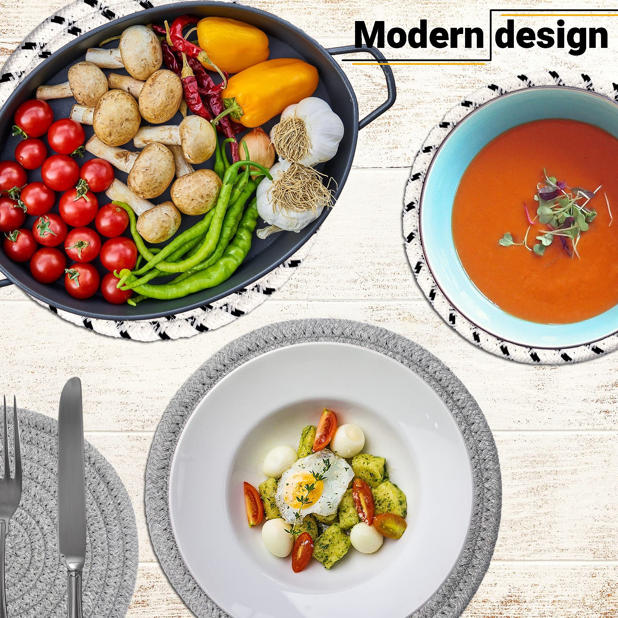 Set Of 4 Potholders & Trivets [2X9''+'' ''+''& ''+''2X7''+''] | Eco Pure Cotton Weave For Hot Pots & Pans | Gray + White & Black