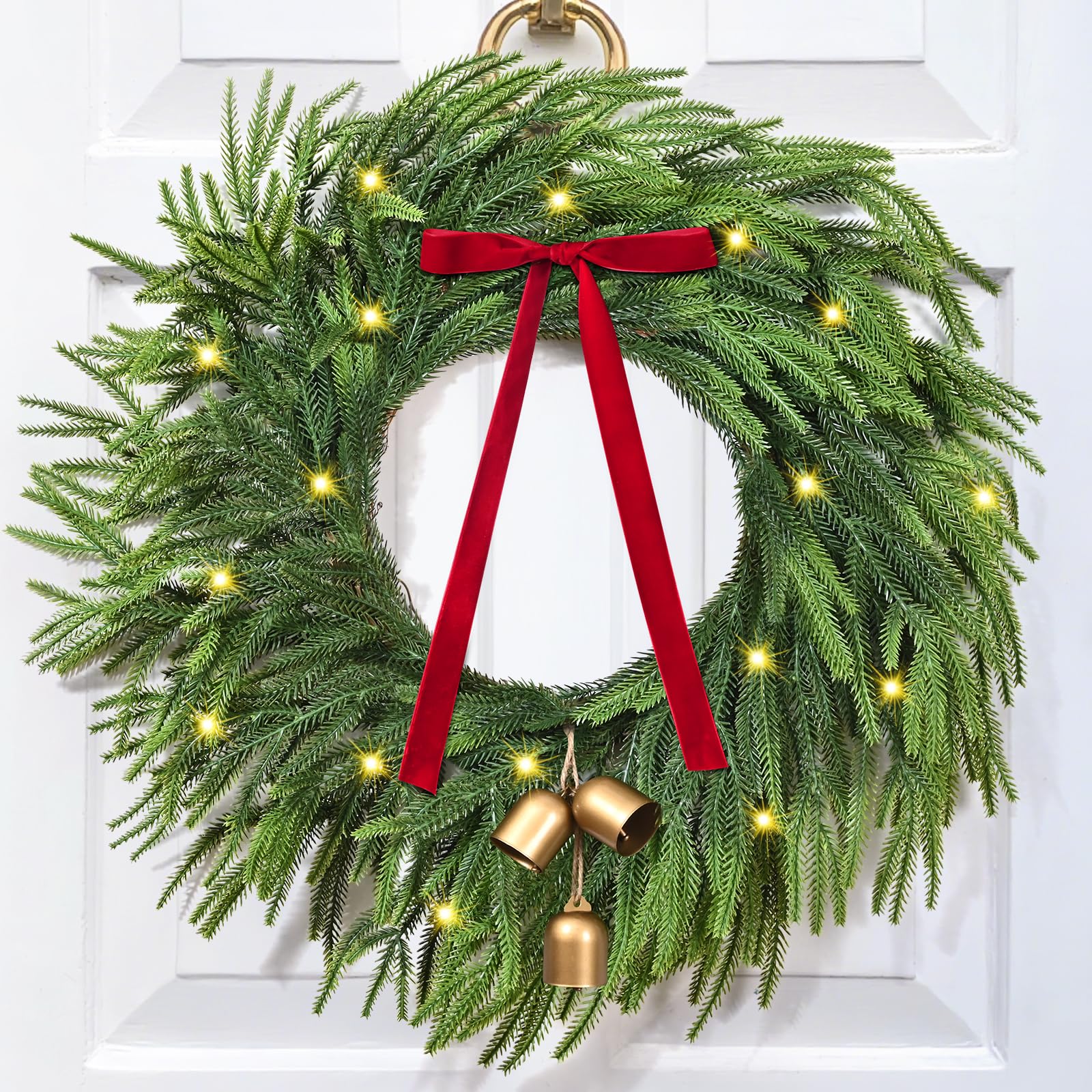 Christmas Wreaths for Front Door - 2 Pack 24 Inch Christmas Wreath with Lights, Real Touch Norfolk Pine Wreath with Cow Bell and
