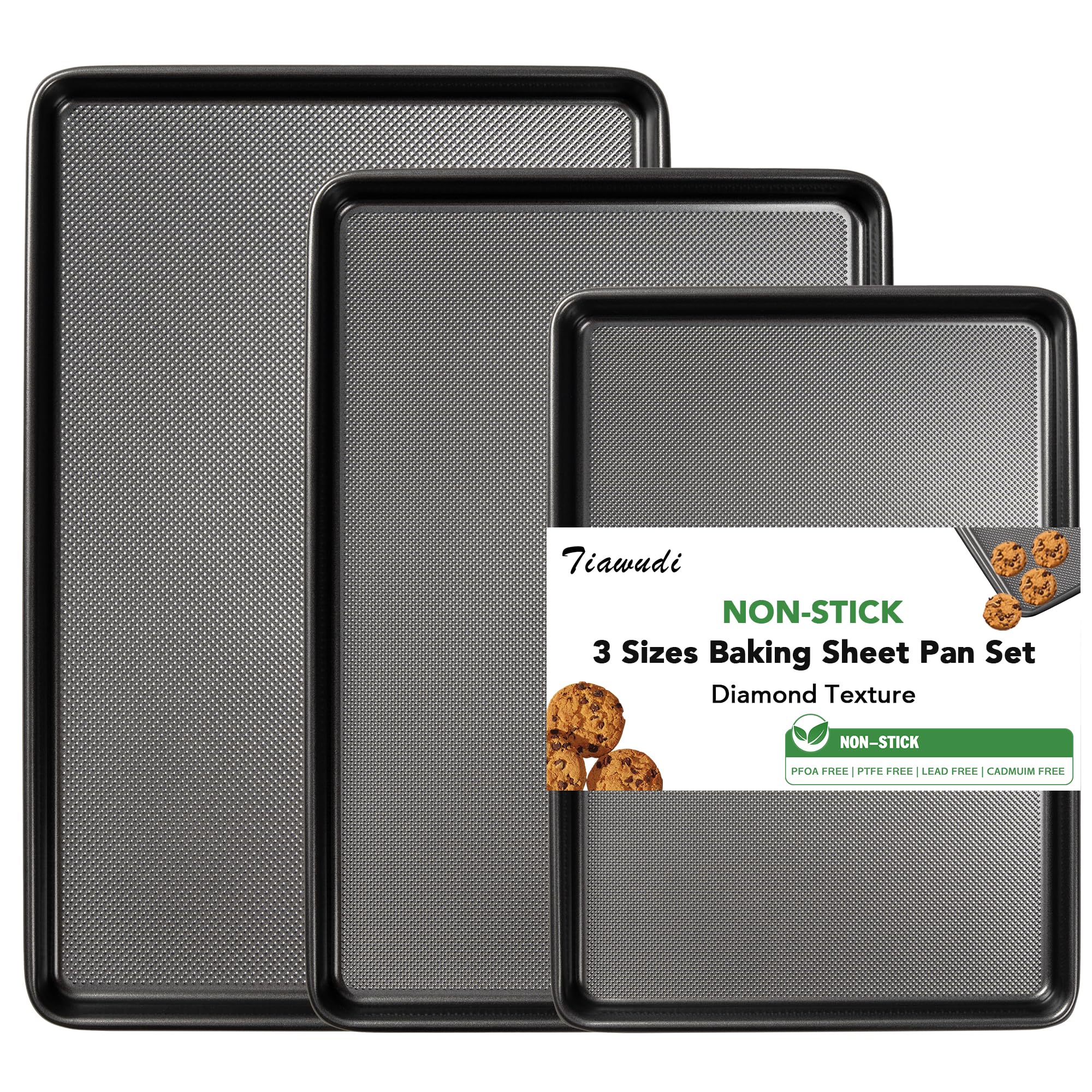 Tiawudi Baking Sheet Pan Set, 0.8mm Thick Heavy Duty Cookie Sheet with Diamond Texture Pattern, Nonstick Baking Tray for Oven, C