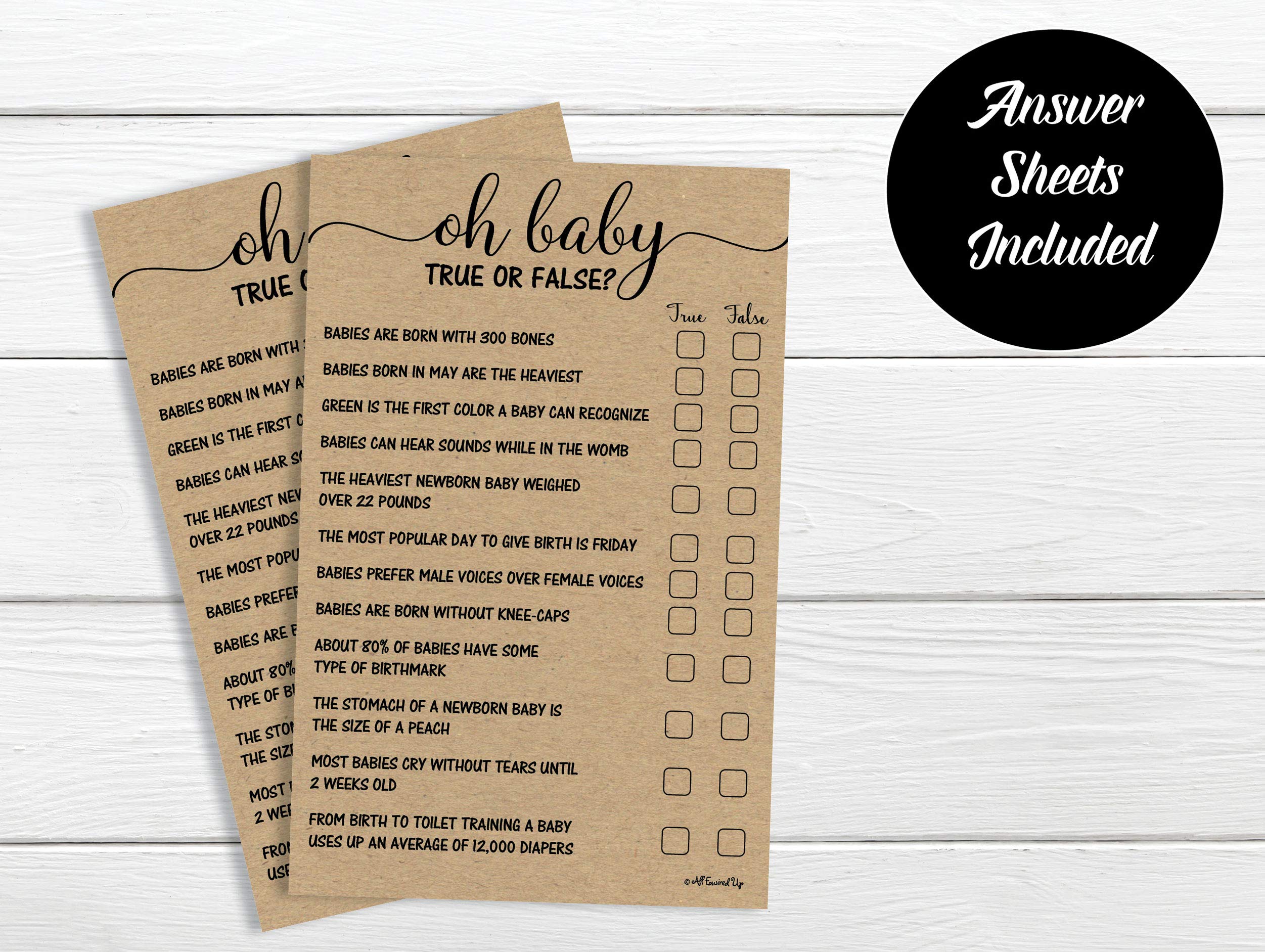 50 True Or False Oh Baby Trivia Game - Kraft (50-Sheets) Rustic (Large Sheet Size) Fun, Easy To Play, Baby Shower Game, Sprinkle