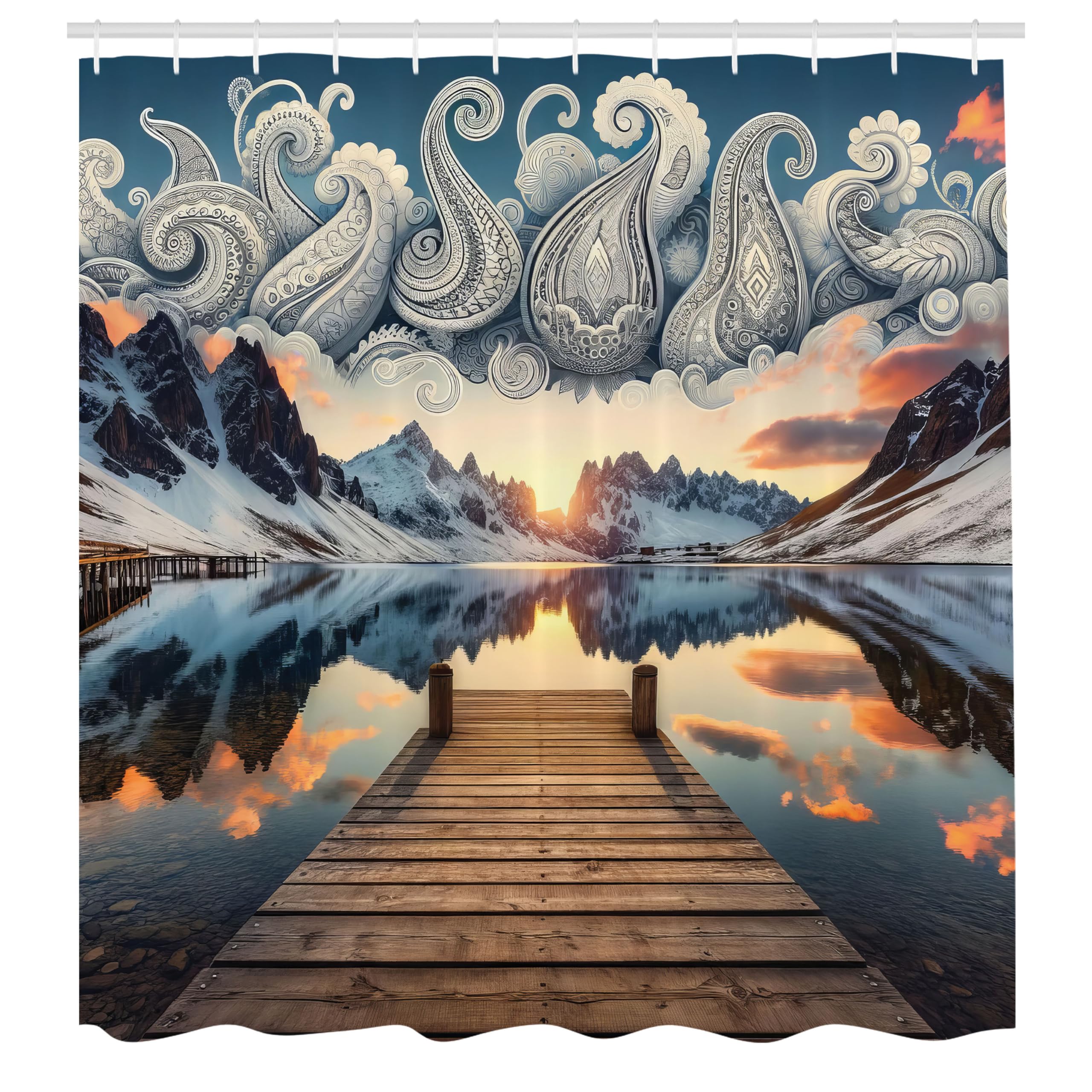 Ambesonne Lake Shower Curtain, Sunset Over Snowy Mountains And Pier Traditional Paisley Motifs In The Sky, Cloth Fabric Bathroom