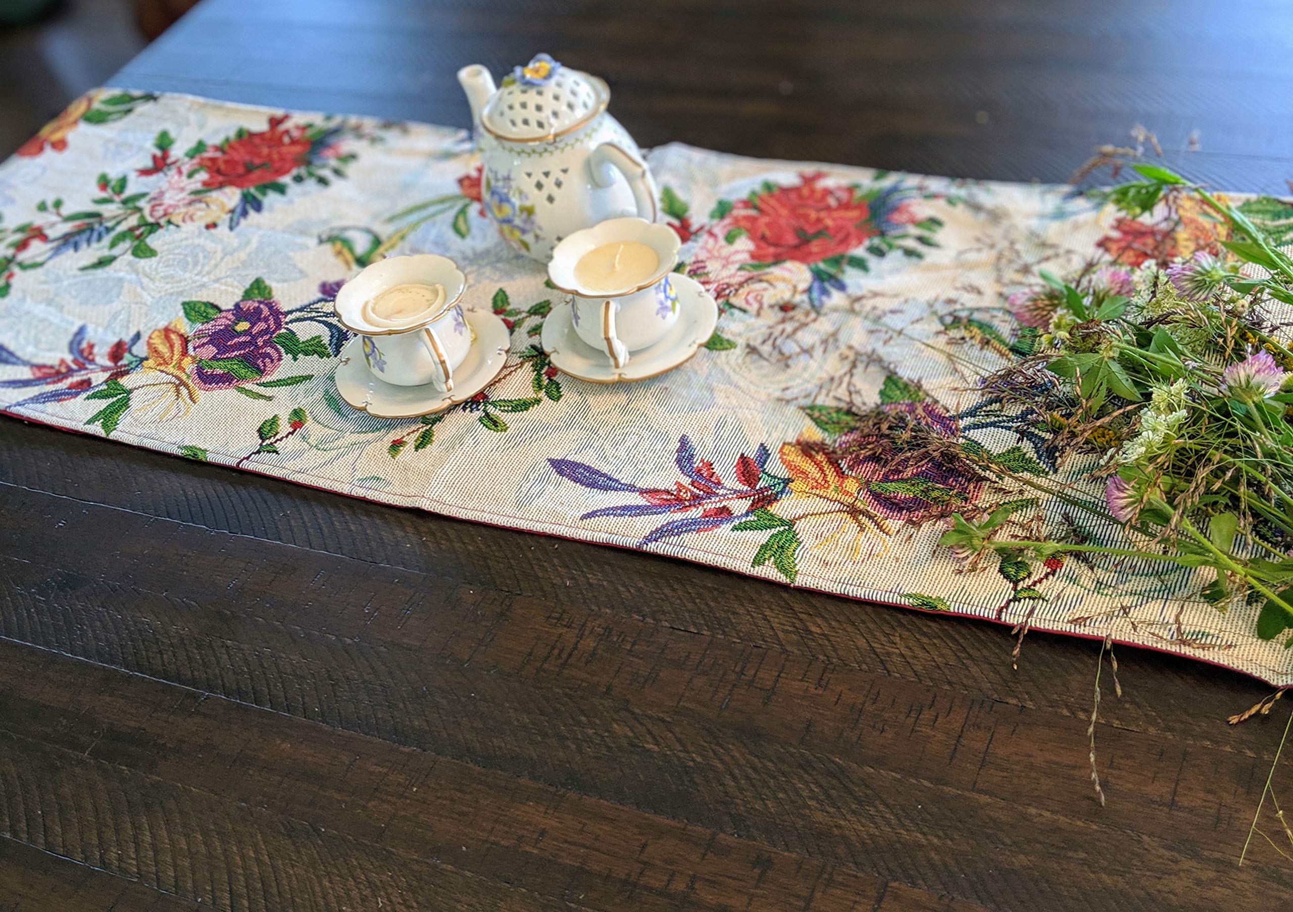 Dada Bedding Elegant Floral Blue Roses Tapestry Table Runner - Tropical Paradise Exotic Botanical Flowers Birds Nature Garden Be