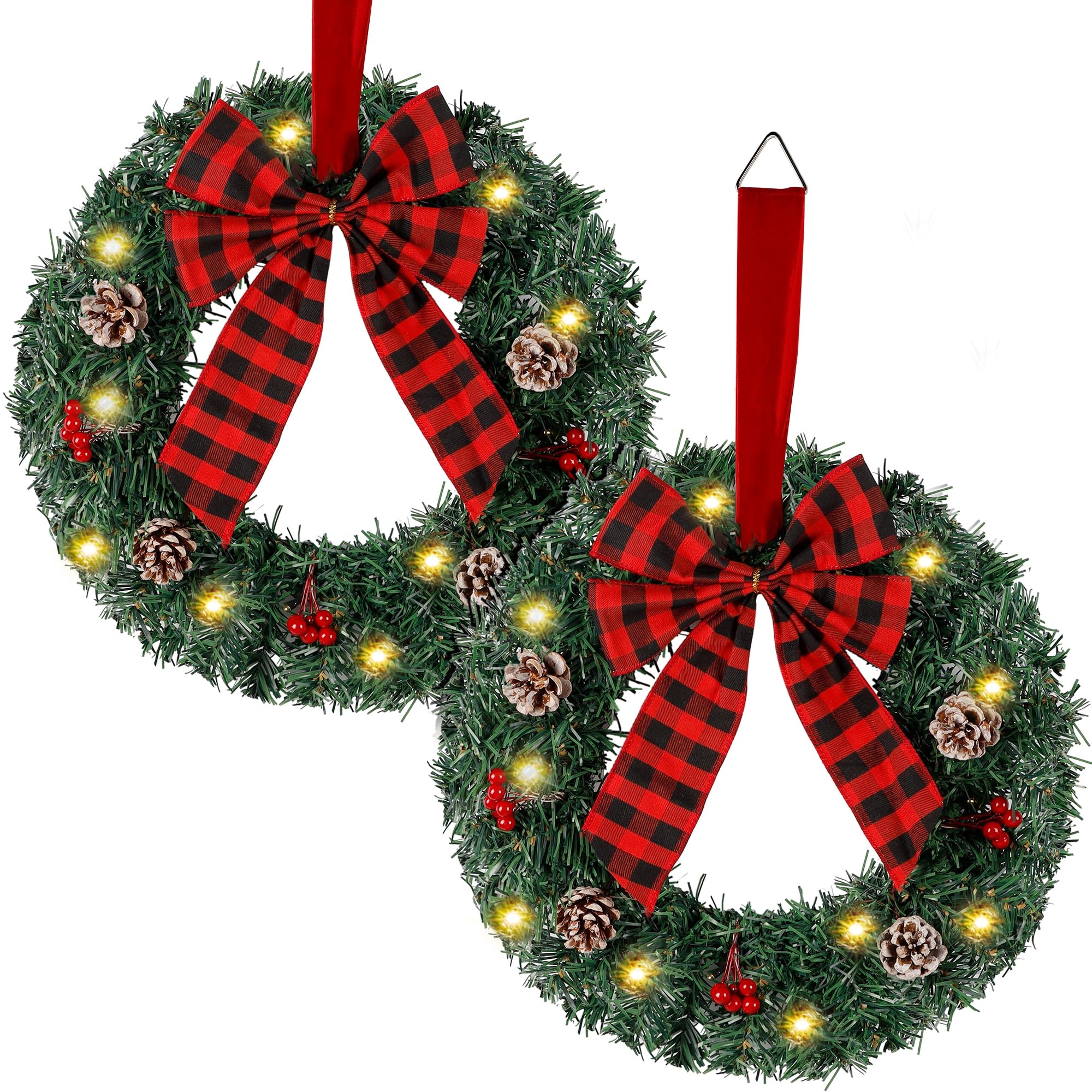 Zcaukya 2 Packs Pre-lit Christmas Wreaths, 14 Inch Buffalo Check Bowknot Wreath with 8 Lighting Modes String Lights, Artificial 