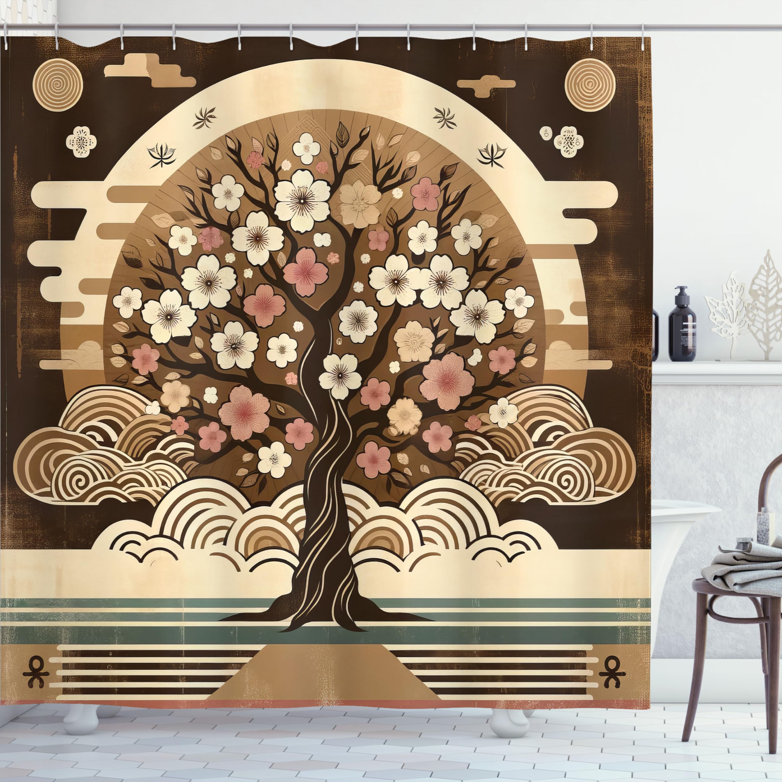 Ambesonne Brown Shower Curtain, Asian Cultural Inspired Tree Design Grunge Earthy Style Floral Branches, Cloth Fabric Bathroom D